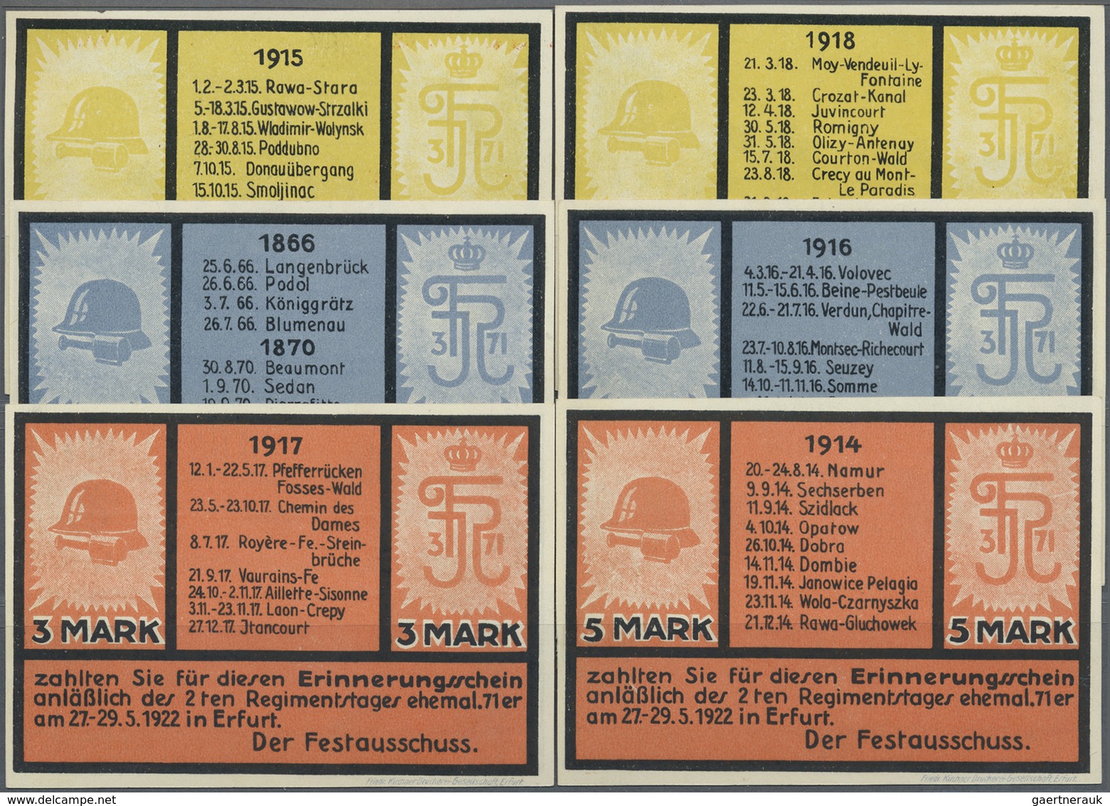 Deutschland - Notgeld - Thüringen: Erfurt, 2. Regimentstag Ehemaliger 71er, 5 X 3, 5 Mark, 27.-29.5. - [11] Local Banknote Issues