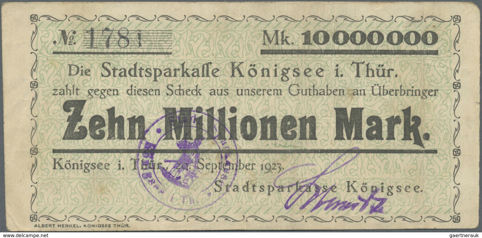 Deutschland - Notgeld - Thüringen: Königsee, Stadtsparkasse, 5 Mio. Mark, 6.9.1923, 10 Mio. Mark, 20 - [11] Local Banknote Issues