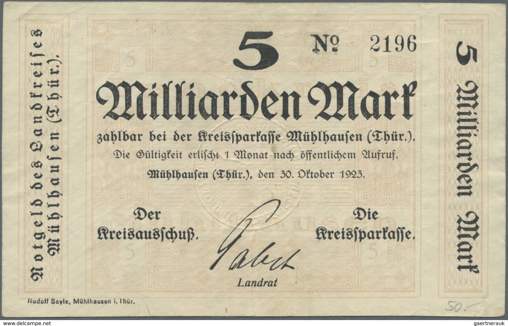 Deutschland - Notgeld - Thüringen: Mühlhausen, Kreisausschuss Und Kreissparkasse, 5, 10 Mrd. Mark, 3 - [11] Local Banknote Issues
