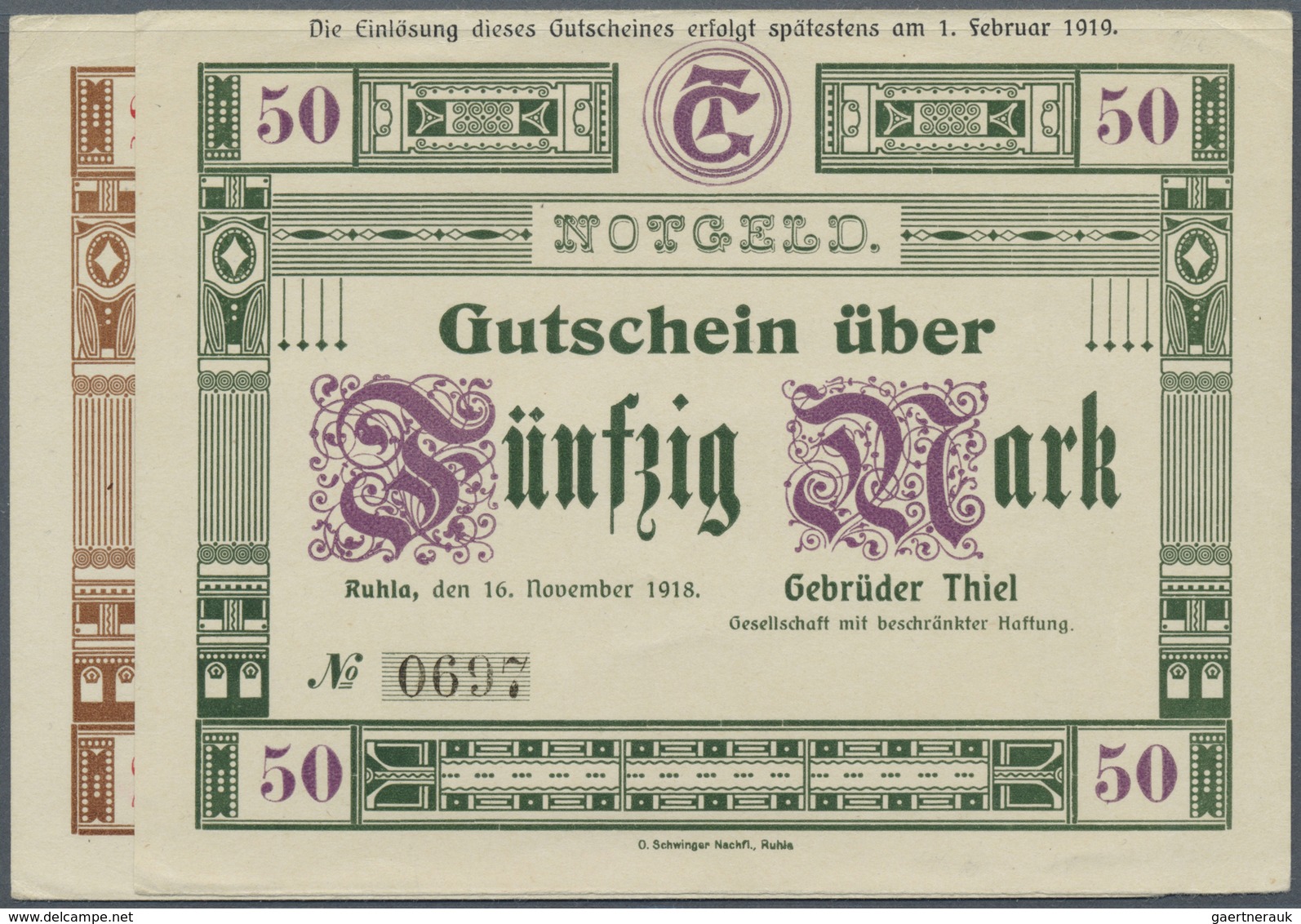 Deutschland - Notgeld - Thüringen: Ruhla, Gebrüder Thiel GmbH, 20, 50 Mark, 16.11.1918 - 1.2.1919 (E - [11] Local Banknote Issues