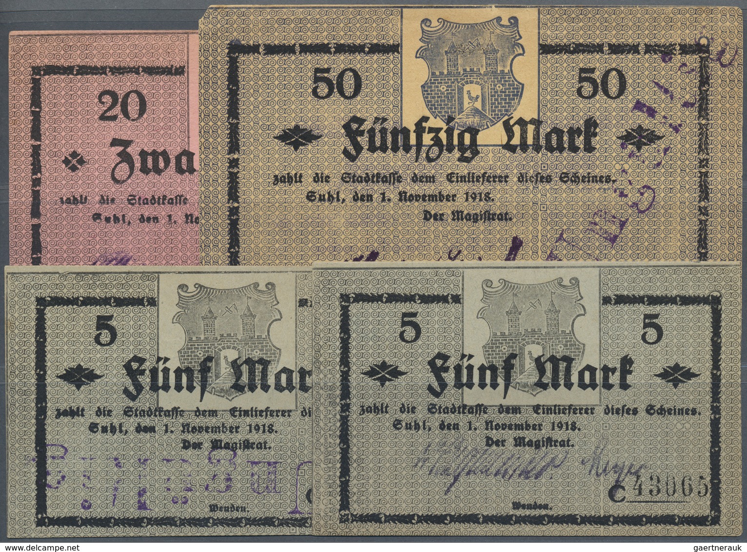 Deutschland - Notgeld - Thüringen: Suhl, Stadt, 5 (olivgrau), 20 (rosaviolett), 50 Mark, Jeweils Mit - [11] Local Banknote Issues