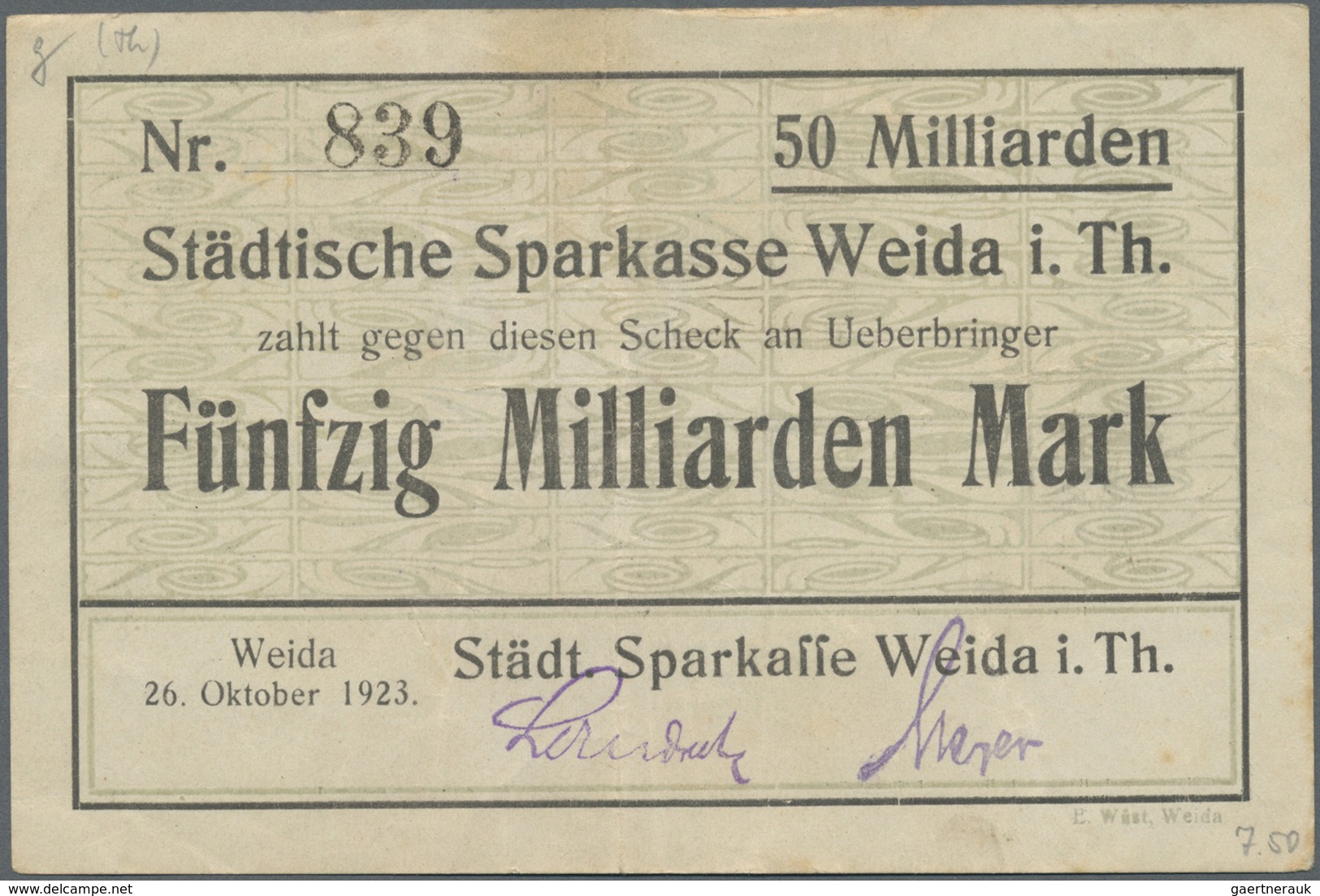 Deutschland - Notgeld - Thüringen: Weida, Städt. Sparkasse, 10, 20, 50, 100 Mark, 22.11.1918, Entwer - [11] Emissions Locales