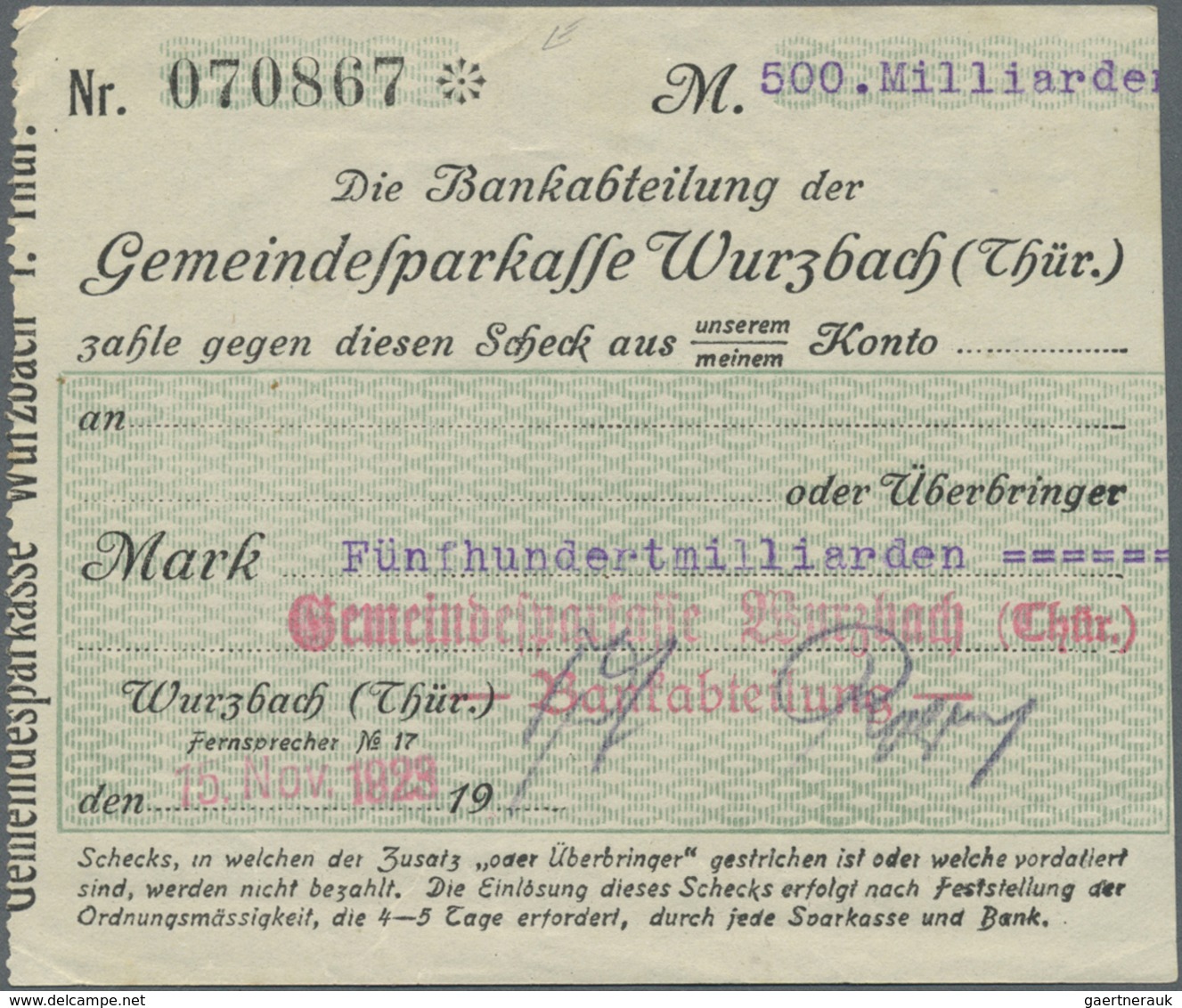 Deutschland - Notgeld - Thüringen: Wurzbach, Gemeindesparkasse, 2 Mal 10T., Müller5096,  100T., 2 Ma - [11] Local Banknote Issues