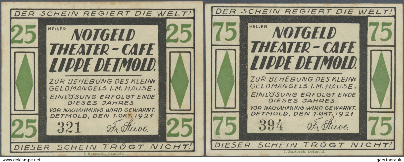 Deutschland - Notgeld - Westfalen: Detmold, Theater-Café, 25, 75 Pf., 1.10.1921, Leicht Stockfleckig - Altri & Non Classificati