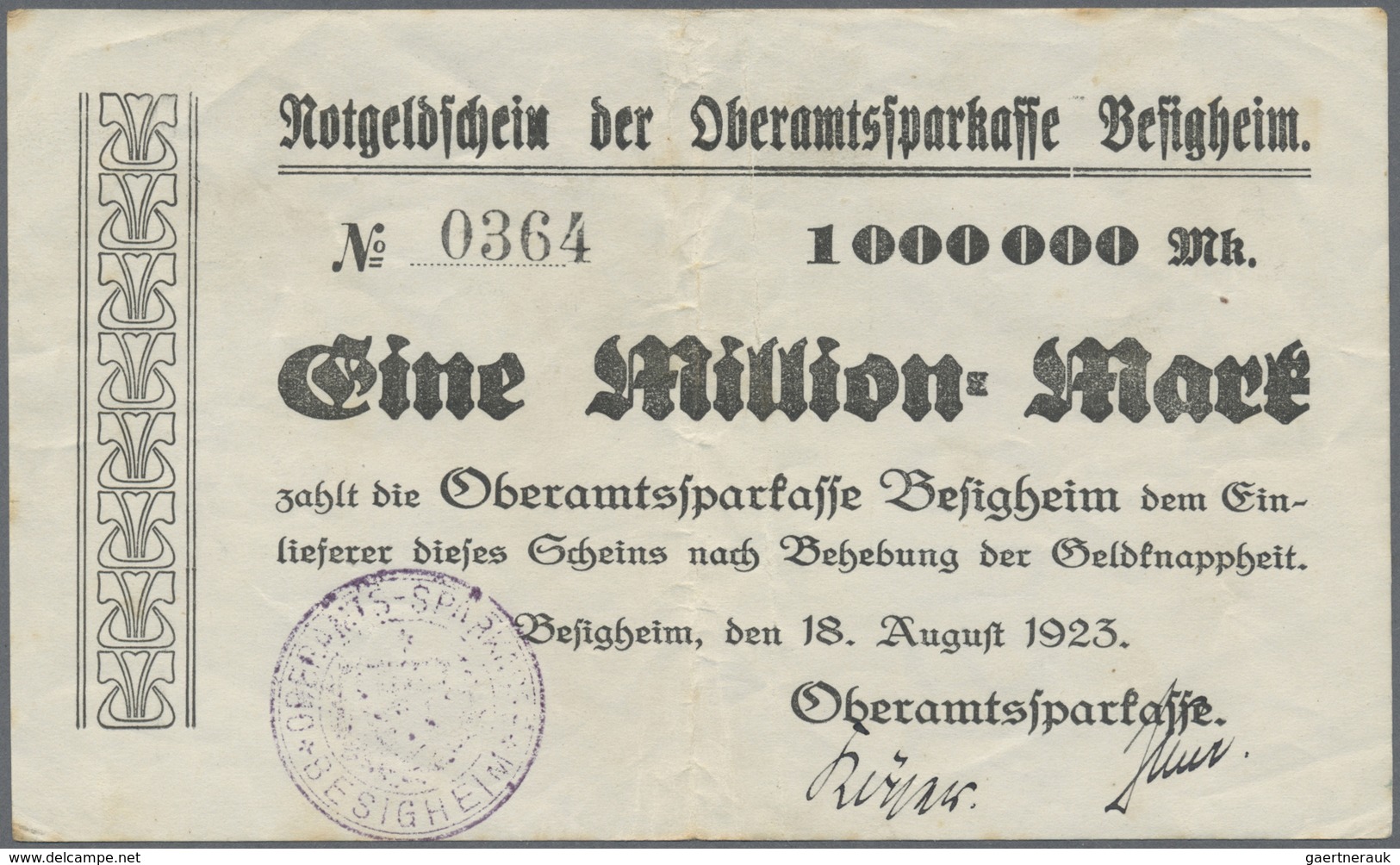 Deutschland - Notgeld - Württemberg: Besigheim, Oberamtssparkasse, 1 Mio. Mark, 18.8.1923, 50 Mrd. M - [11] Emissions Locales