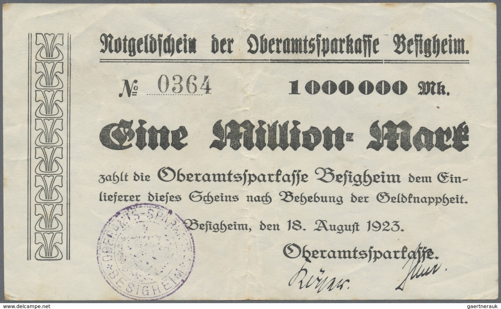 Deutschland - Notgeld - Württemberg: Besigheim, Oberamtssparkasse, 1 Mio. Mark, 18.8.1923, 50 Mrd. M - [11] Local Banknote Issues
