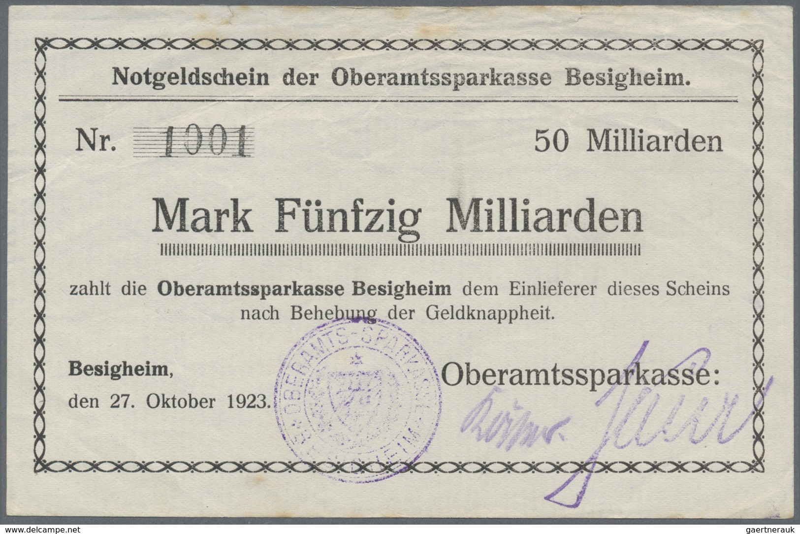 Deutschland - Notgeld - Württemberg: Besigheim, Oberamtssparkasse, 1 Mio. Mark, 18.8.1923, 50 Mrd. M - [11] Emissions Locales
