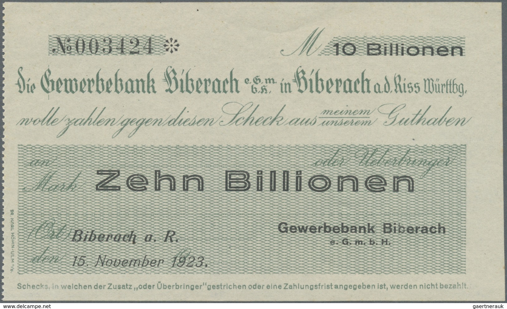 Deutschland - Notgeld - Württemberg: Biberach, Gewerbebank, 10 Billionen Mark, 15.11.1923, Erh. I - [11] Emissioni Locali