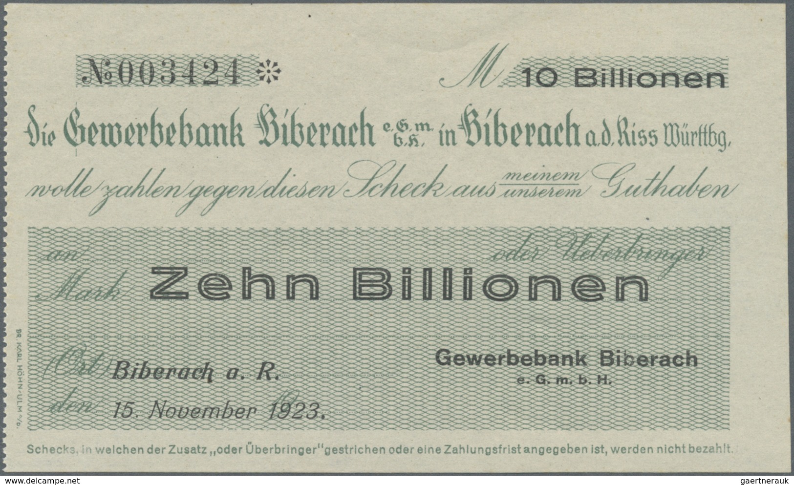Deutschland - Notgeld - Württemberg: Biberach, Gewerbebank, 10 Billionen Mark, 15.11.1923, Erh. I - [11] Local Banknote Issues