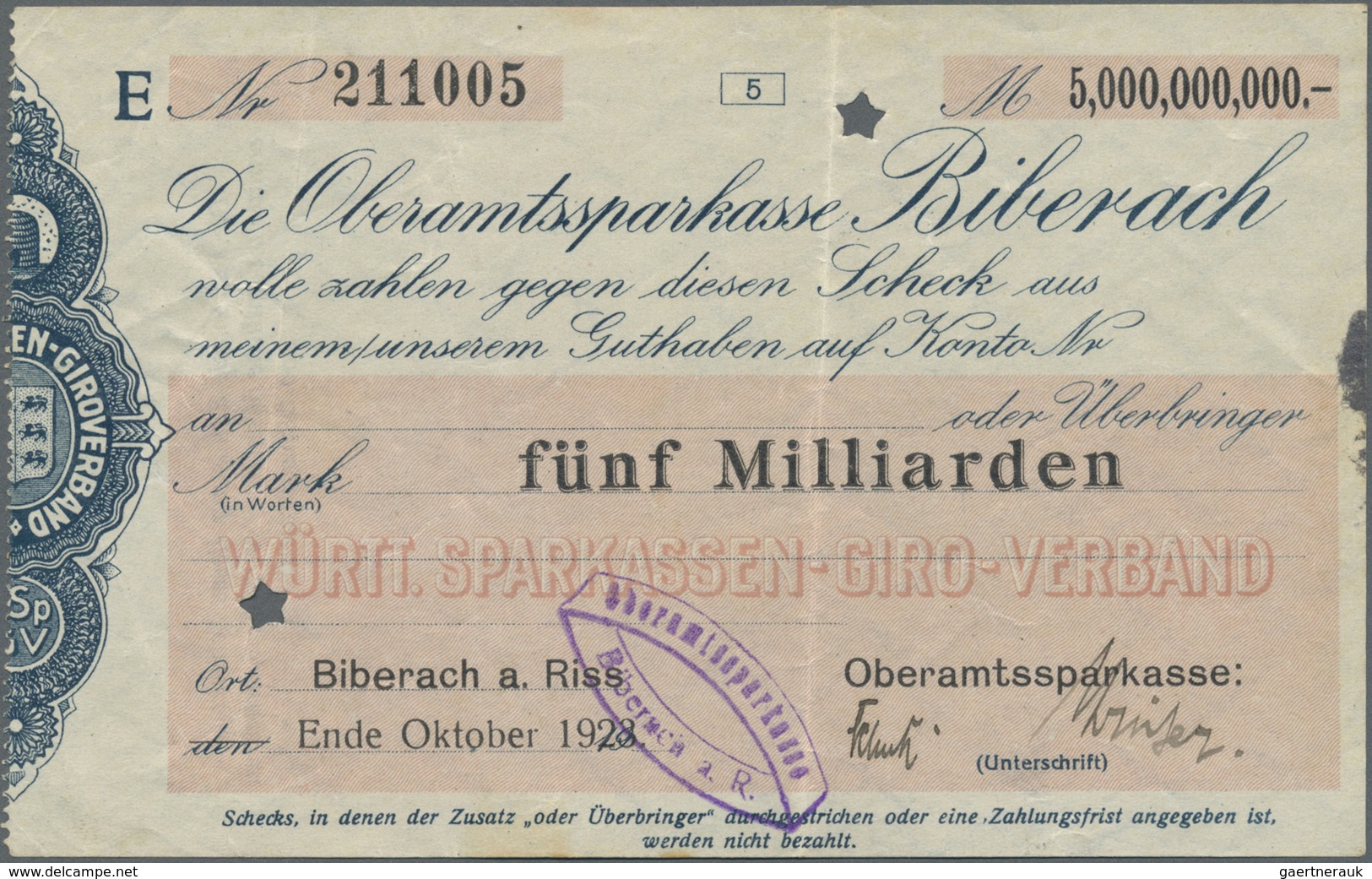 Deutschland - Notgeld - Württemberg: Biberach, Oberamtssparkasse, 5 Mrd. Mark, Ende Oktober 1923, Er - [11] Emissions Locales