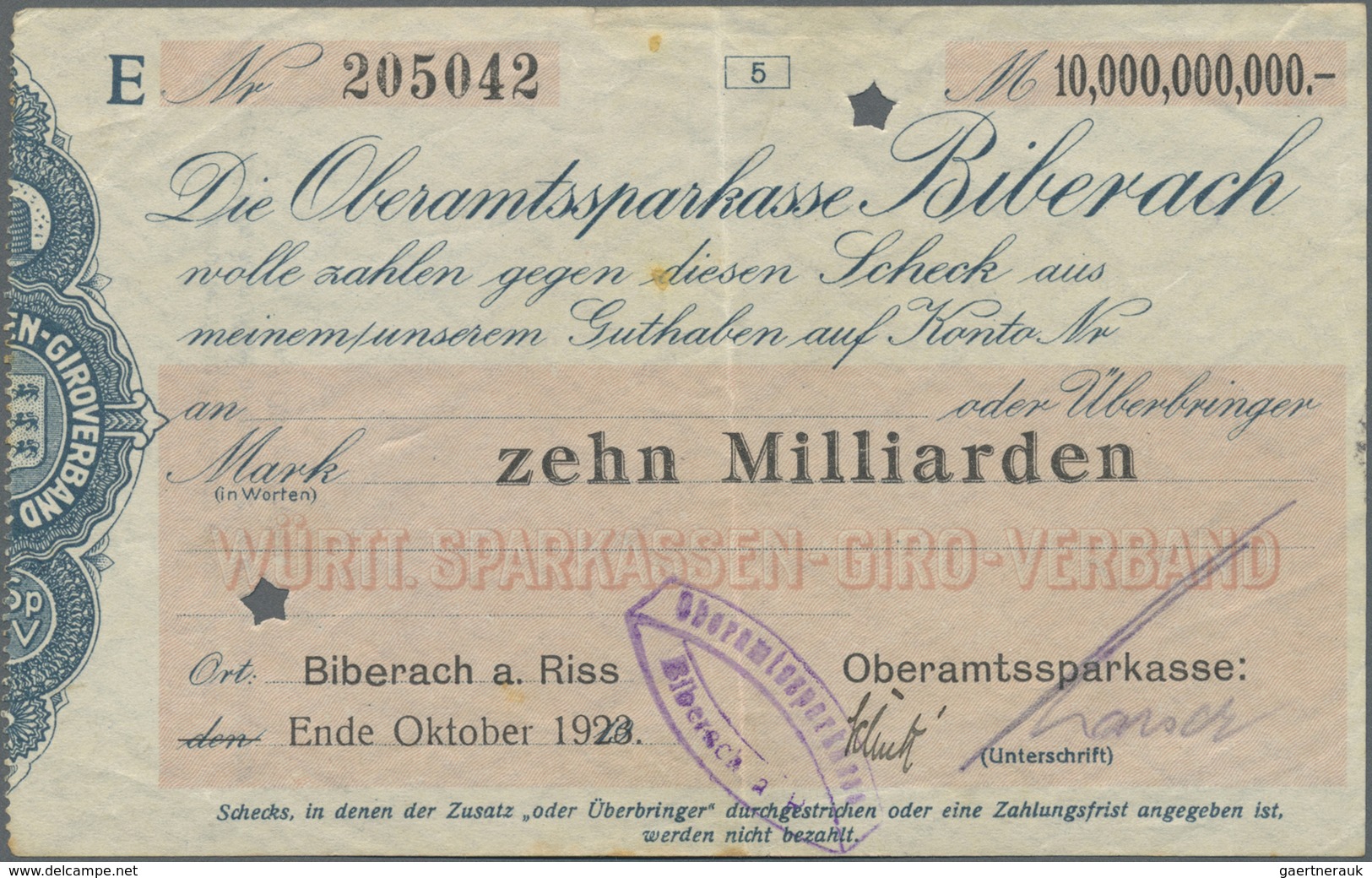 Deutschland - Notgeld - Württemberg: Biberach, Oberamtssparkasse, 10 Mrd. Mark, Ende Oktober 1923, E - [11] Local Banknote Issues