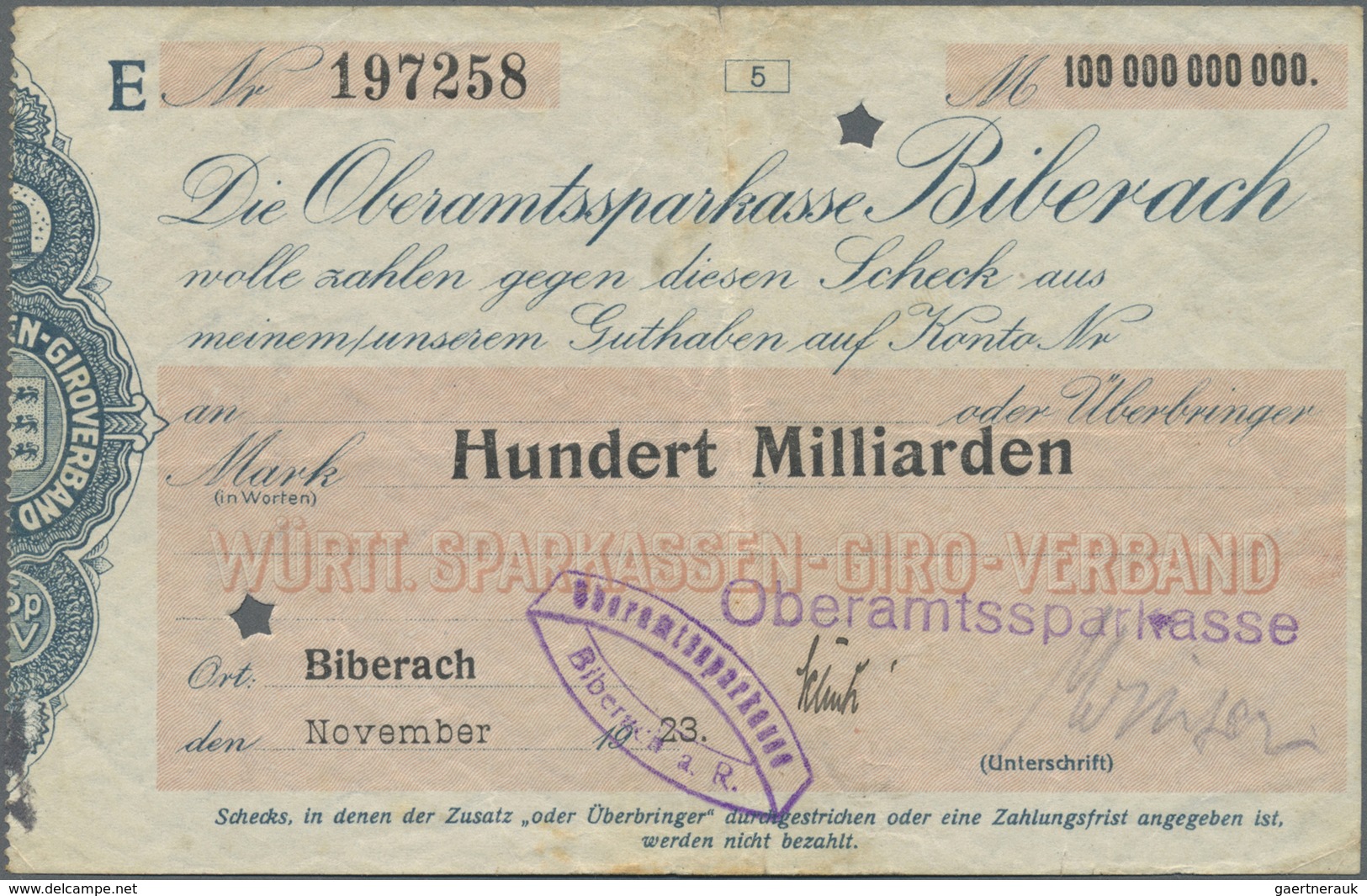 Deutschland - Notgeld - Württemberg: Biberach, Oberamtssparkasse, 100 Mrd. Mark, November 1923, Erh. - [11] Emissions Locales