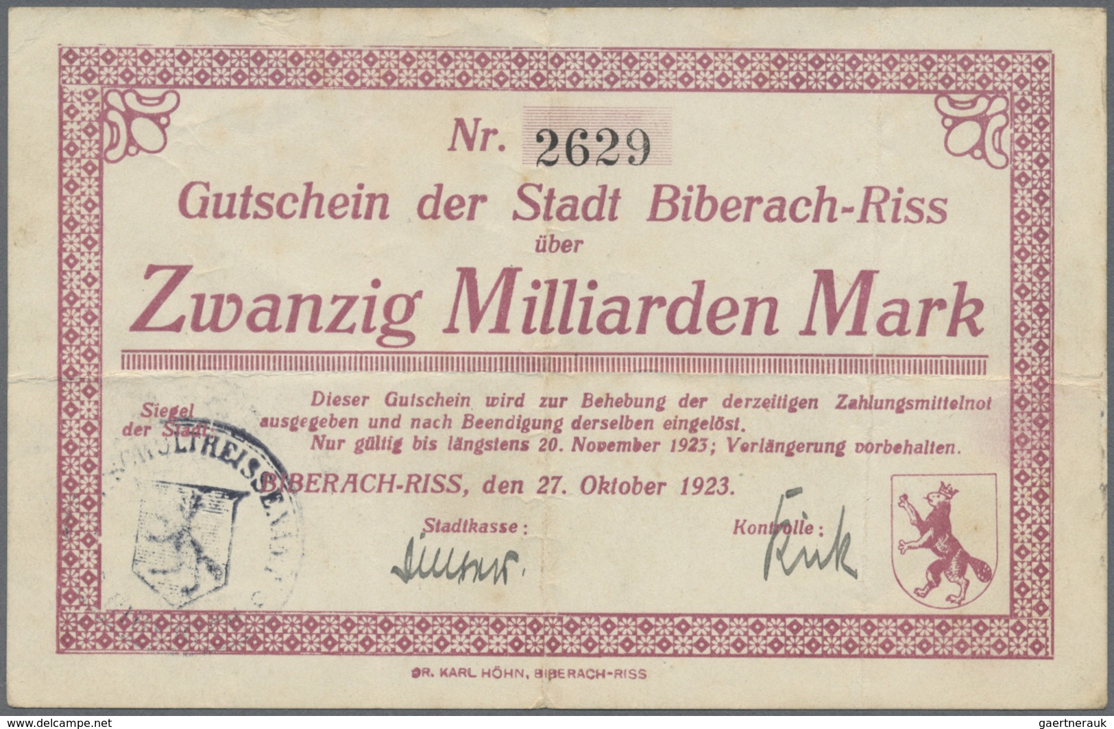 Deutschland - Notgeld - Württemberg: Biberach, Stadt, 500 Tsd., 10 X 1 Mio. (Unterschriftsvarianten) - [11] Emissions Locales