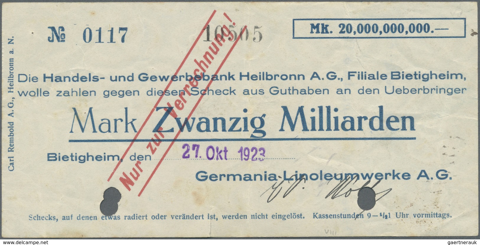 Deutschland - Notgeld - Württemberg: Bietigheim, Stadt, 2 X 5, 20, 50, 100 Mrd. Mark, 26.10.1923, Ge - [11] Emissioni Locali