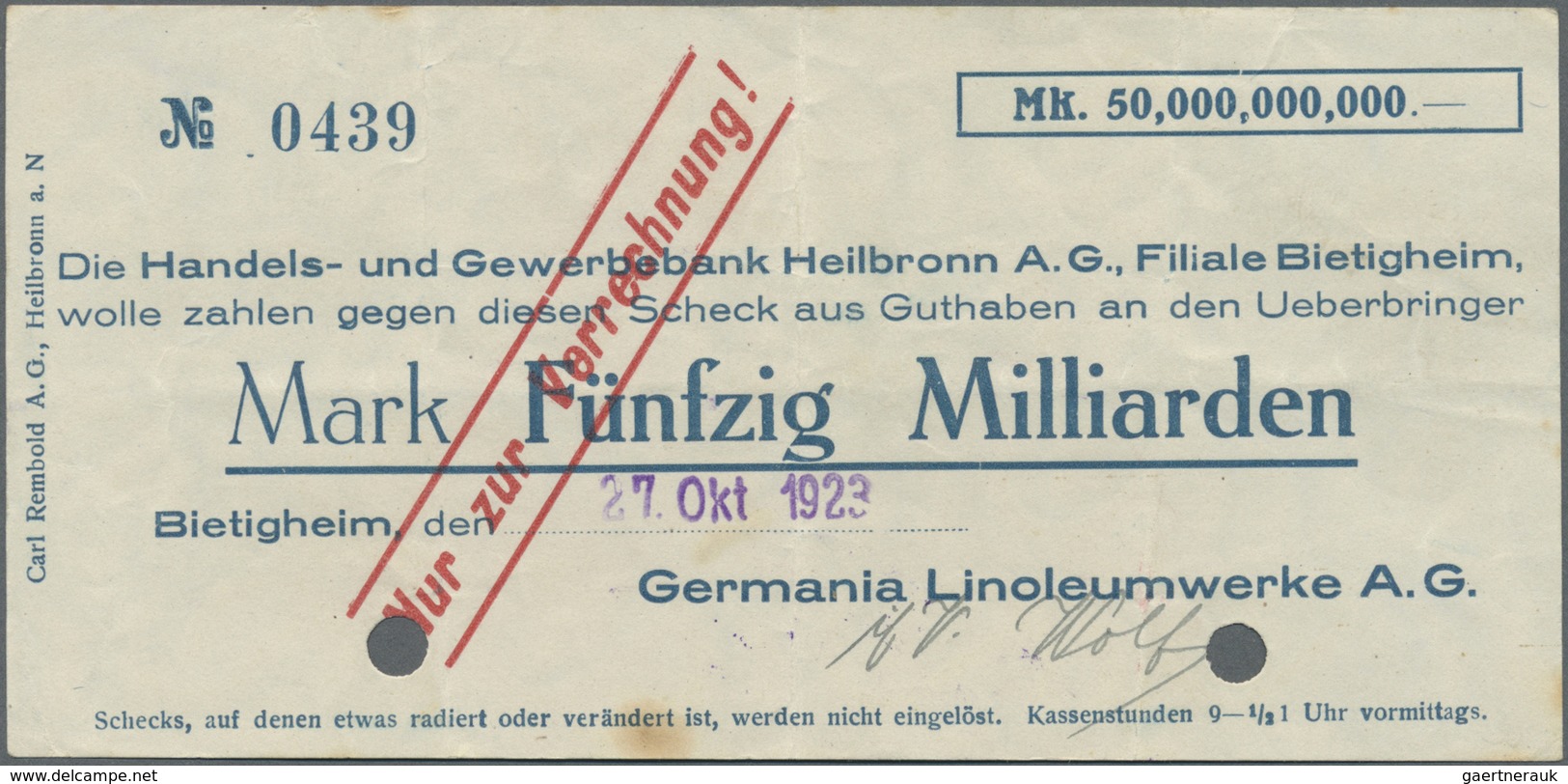 Deutschland - Notgeld - Württemberg: Bietigheim, Stadt, 2 X 5, 20, 50, 100 Mrd. Mark, 26.10.1923, Ge - [11] Emissions Locales