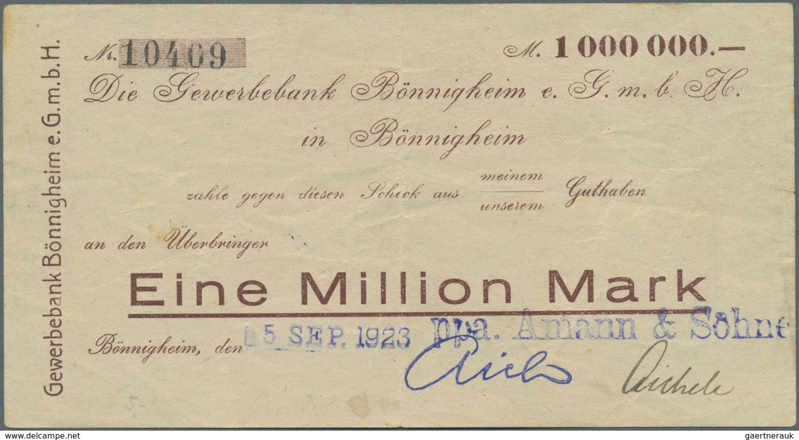 Deutschland - Notgeld - Württemberg: Bönnigheim, Gewerbebank, 1 Mio. Mark, 5.9.1923 (Datum Gestempel - [11] Emissions Locales