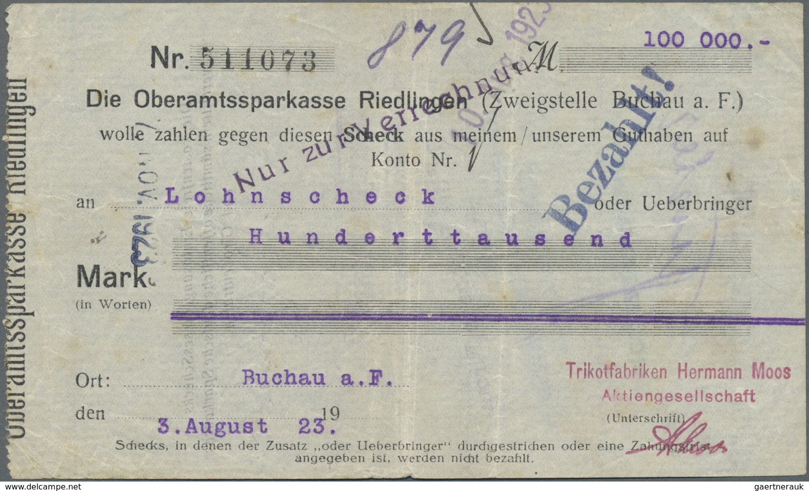 Deutschland - Notgeld - Württemberg: Buchau, Trikotfabrik Hermann Moos, 100 Tsd. Mark, 3.8.1923, 8.8 - [11] Emissioni Locali