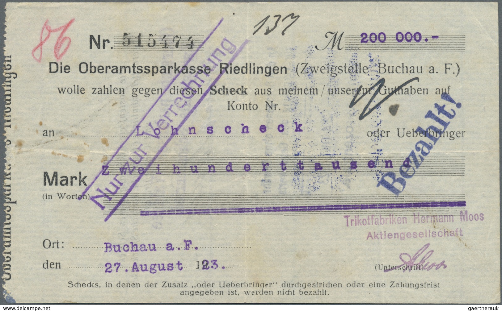 Deutschland - Notgeld - Württemberg: Buchau, Trikotfabrik Hermann Moos, 100 Tsd. Mark, 3.8.1923, 8.8 - [11] Emissioni Locali