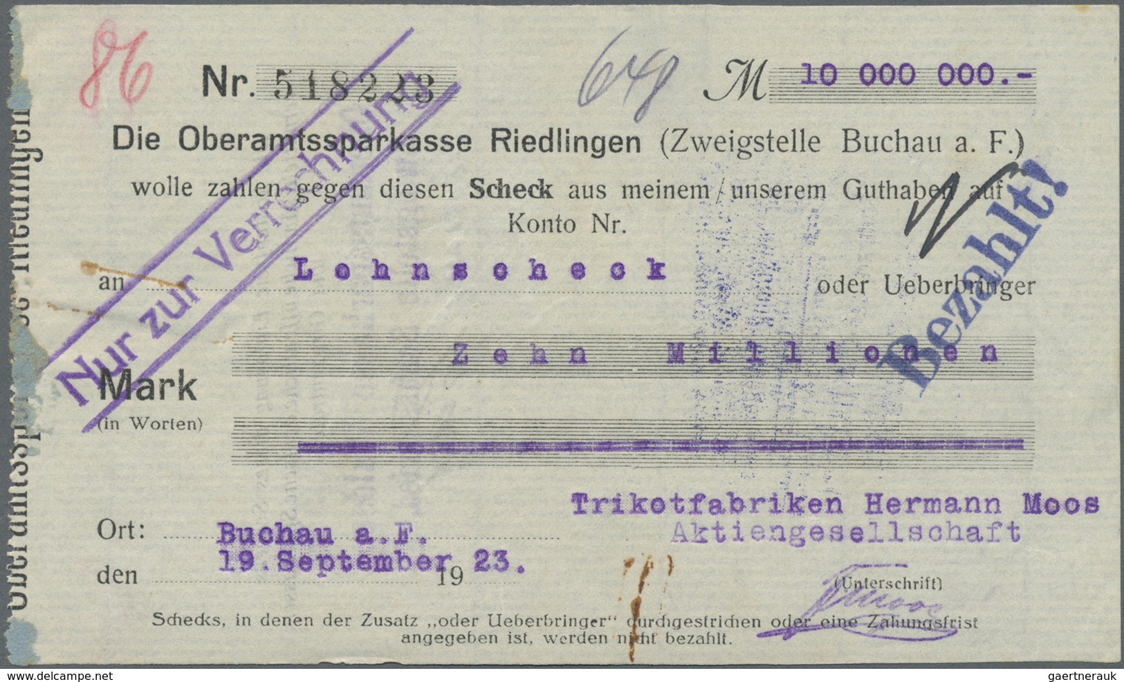 Deutschland - Notgeld - Württemberg: Buchau, Trikotfabrik Hermann Moos, 10 Mio. Mark, 10.9.1923, 19. - [11] Emissions Locales