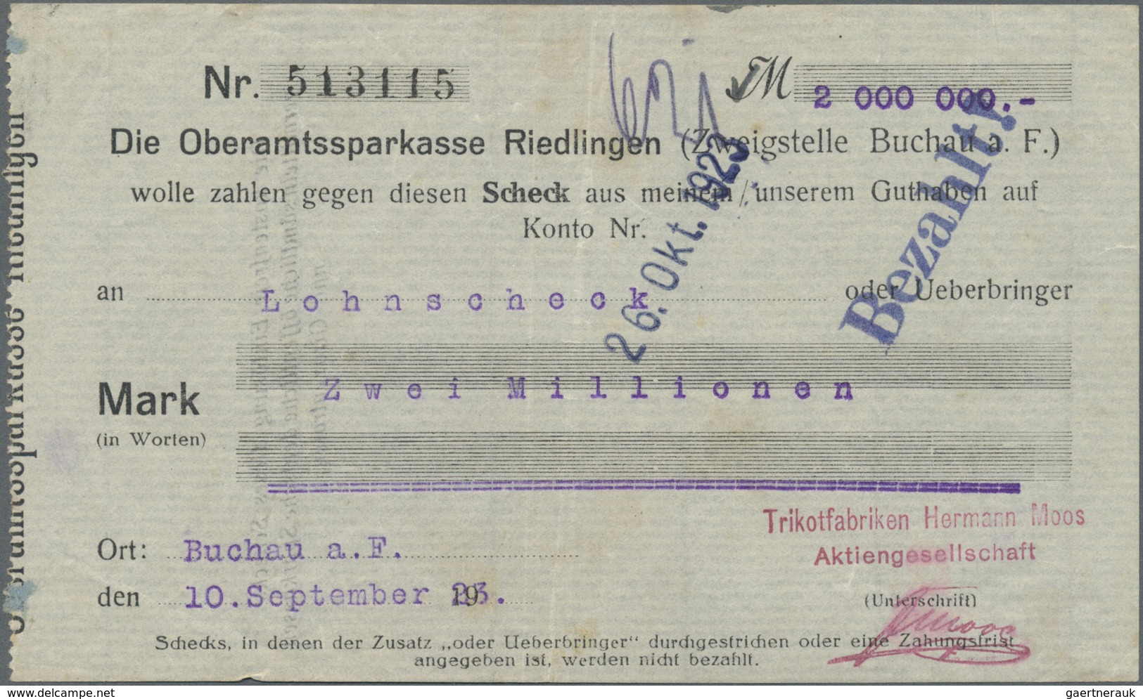 Deutschland - Notgeld - Württemberg: Buchau, Trikotfabrik Hermann Moos, 1 Mio. Mark, 27.8.1923, 3.9. - [11] Emissioni Locali