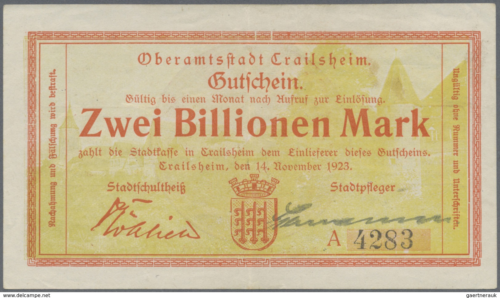 Deutschland - Notgeld - Württemberg: Crailsheim, Stadt, 5, 50, 100, 500 Mio., 5, 50, 100, 500 Mrd., - [11] Local Banknote Issues