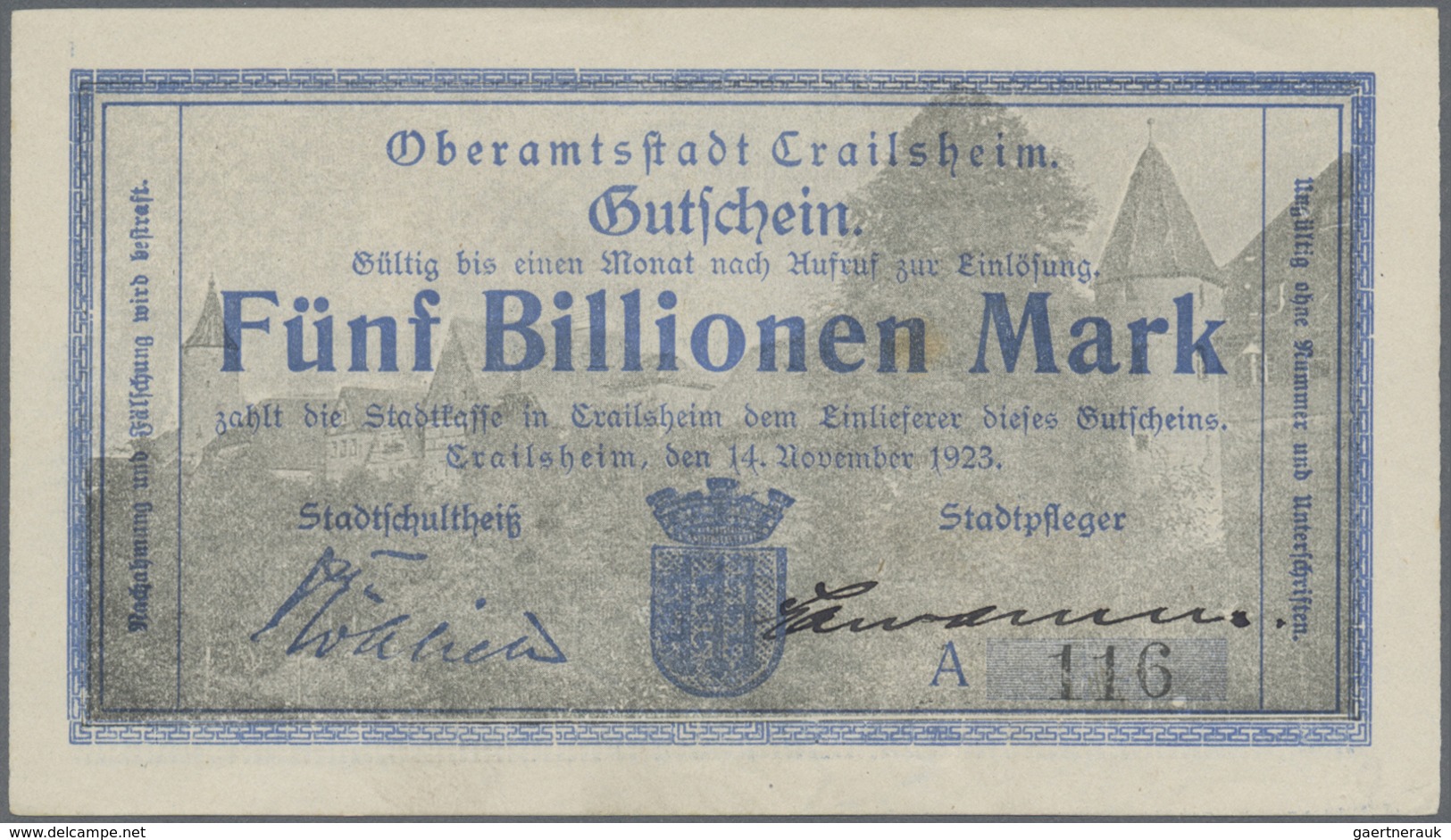 Deutschland - Notgeld - Württemberg: Crailsheim, Stadt, 5, 50, 100, 500 Mio., 5, 50, 100, 500 Mrd., - [11] Local Banknote Issues