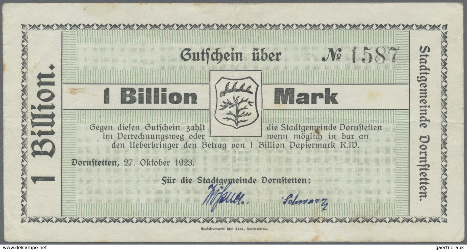 Deutschland - Notgeld - Württemberg: Dornstetten, Stadtgemeinde, 200 Mrd., 1 Billion Mark, 27.10.192 - [11] Local Banknote Issues