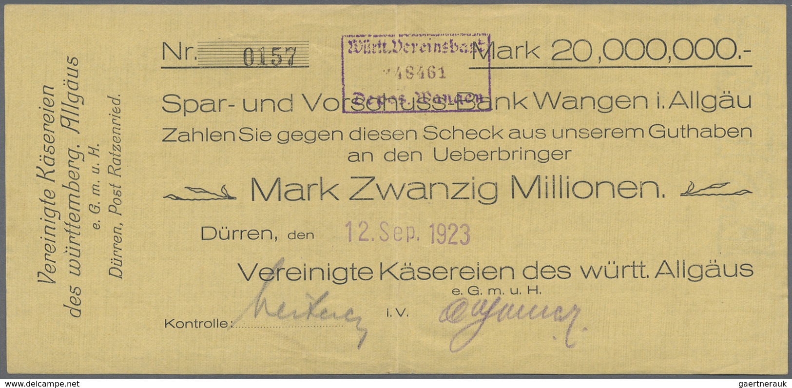 Deutschland - Notgeld - Württemberg: Dürren, Vereinigte Käsereien EGmbH, 1, 4 X 5, 4 X 10, 2 X 20 Mi - [11] Local Banknote Issues