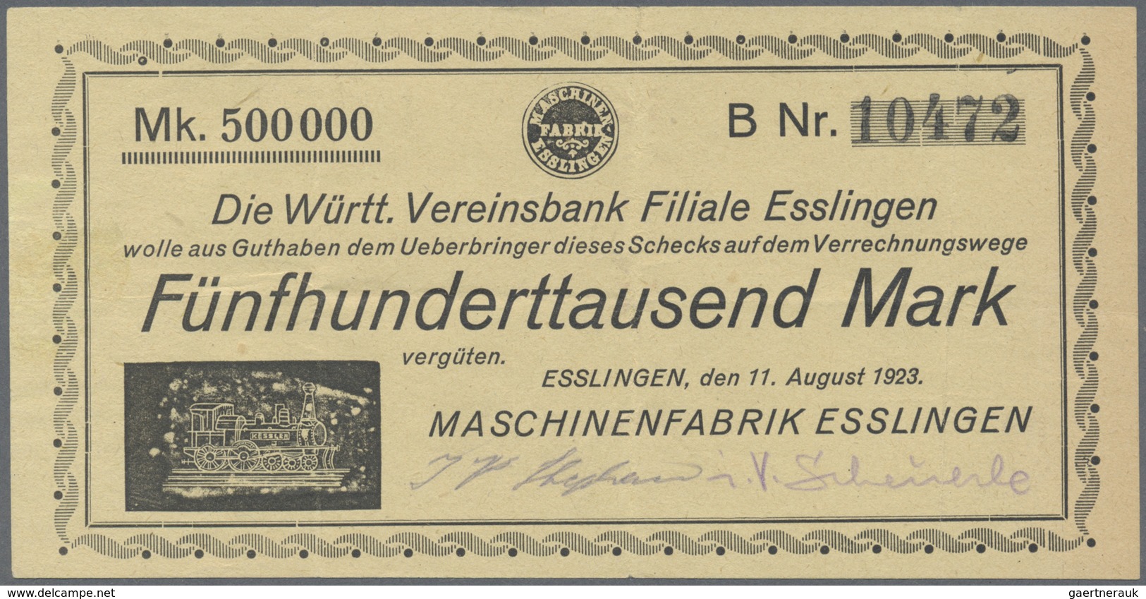 Deutschland - Notgeld - Württemberg: Esslingen, Maschinenfabrik Esslingen, 500, 1000 Mark, 2.10.1922 - [11] Emissions Locales