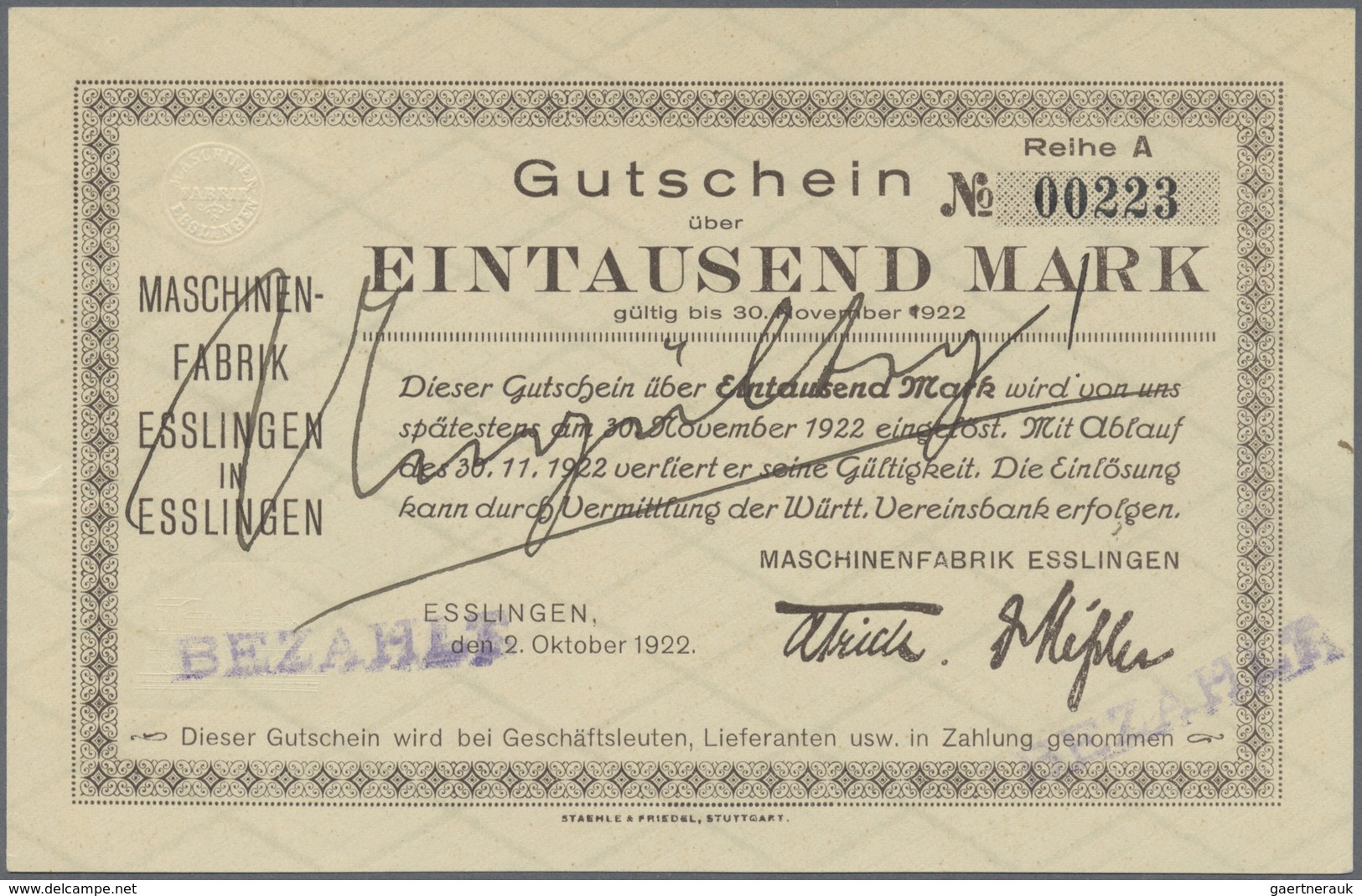 Deutschland - Notgeld - Württemberg: Esslingen, Maschinenfabrik Esslingen, 500, 1000 Mark, 2.10.1922 - [11] Local Banknote Issues