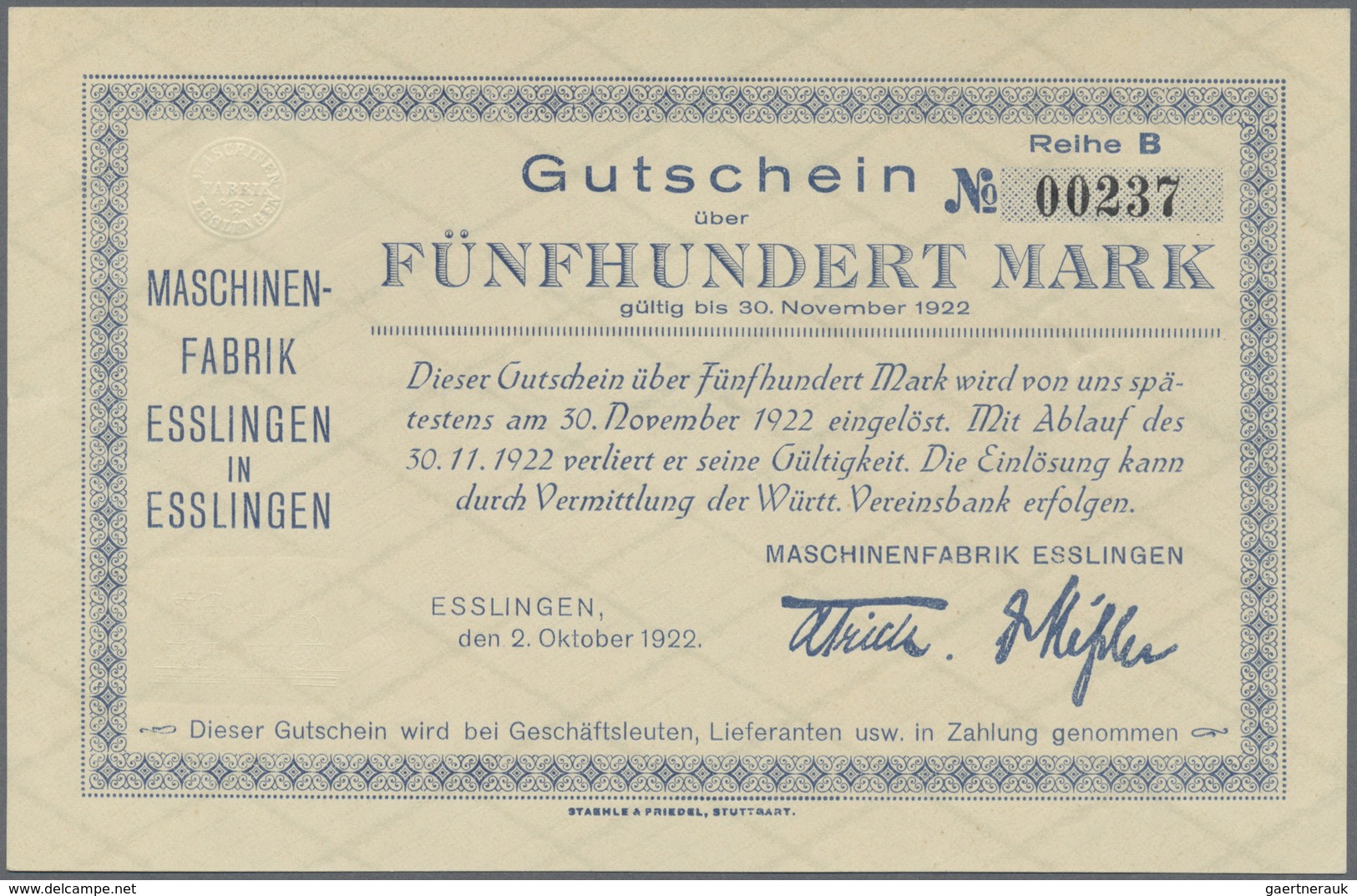 Deutschland - Notgeld - Württemberg: Esslingen, Maschinenfabrik Esslingen, 500, 1000 Mark, 2.10.1922 - [11] Local Banknote Issues