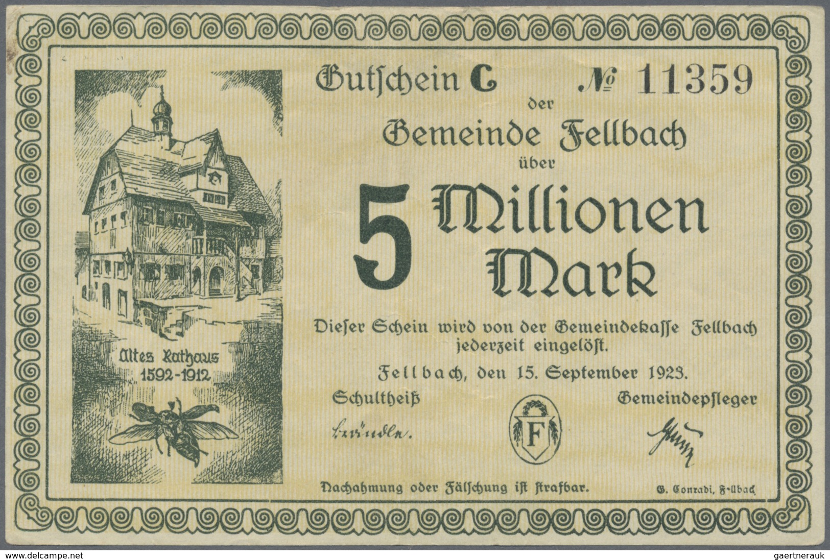 Deutschland - Notgeld - Württemberg: Fellbach, Gemeinde, 1, 5, 10 Mio. Mark, 15.9.1923, 1, 5, 10, 20 - [11] Emissions Locales