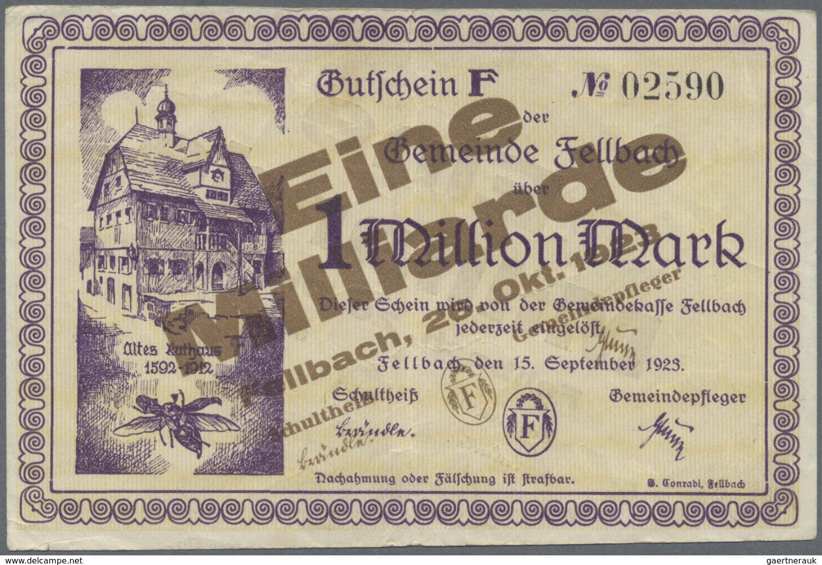 Deutschland - Notgeld - Württemberg: Fellbach, Gemeinde, 1, 5, 10 Mio. Mark, 15.9.1923, 1, 5, 10, 20 - [11] Emissions Locales