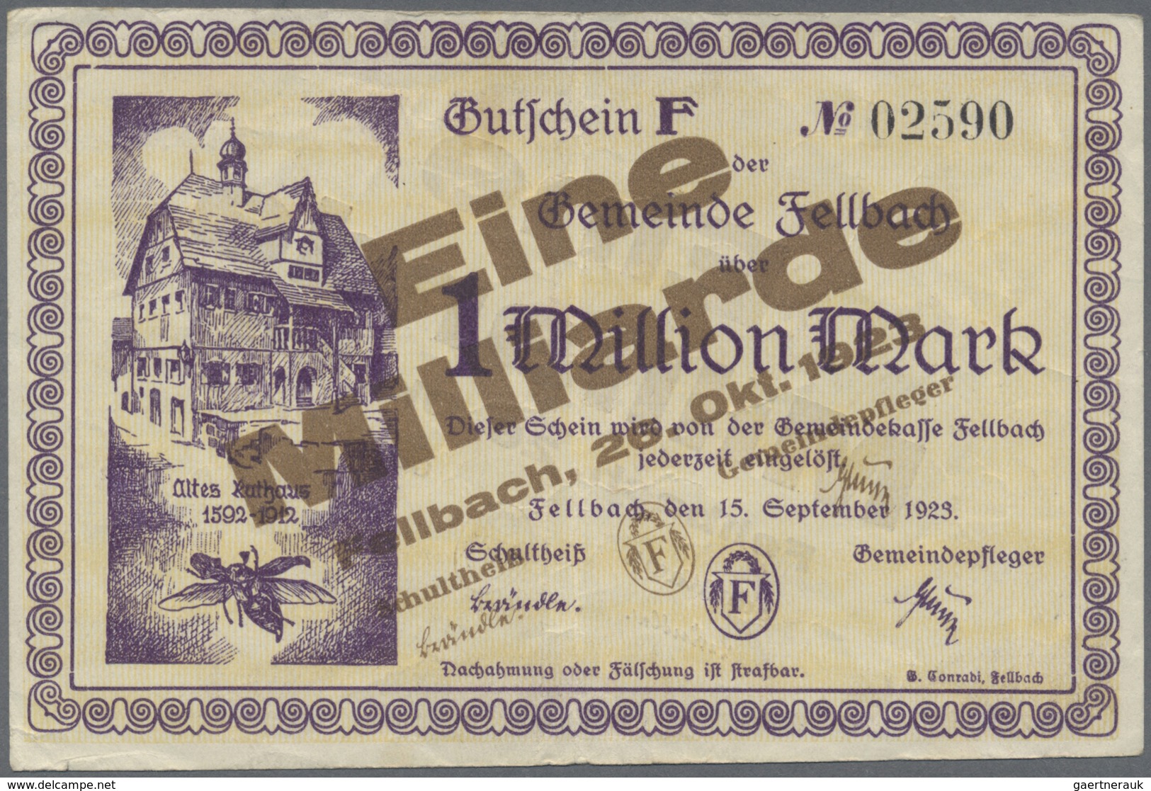 Deutschland - Notgeld - Württemberg: Fellbach, Gemeinde, 1, 5, 10 Mio. Mark, 15.9.1923, 1, 5, 10, 20 - [11] Local Banknote Issues