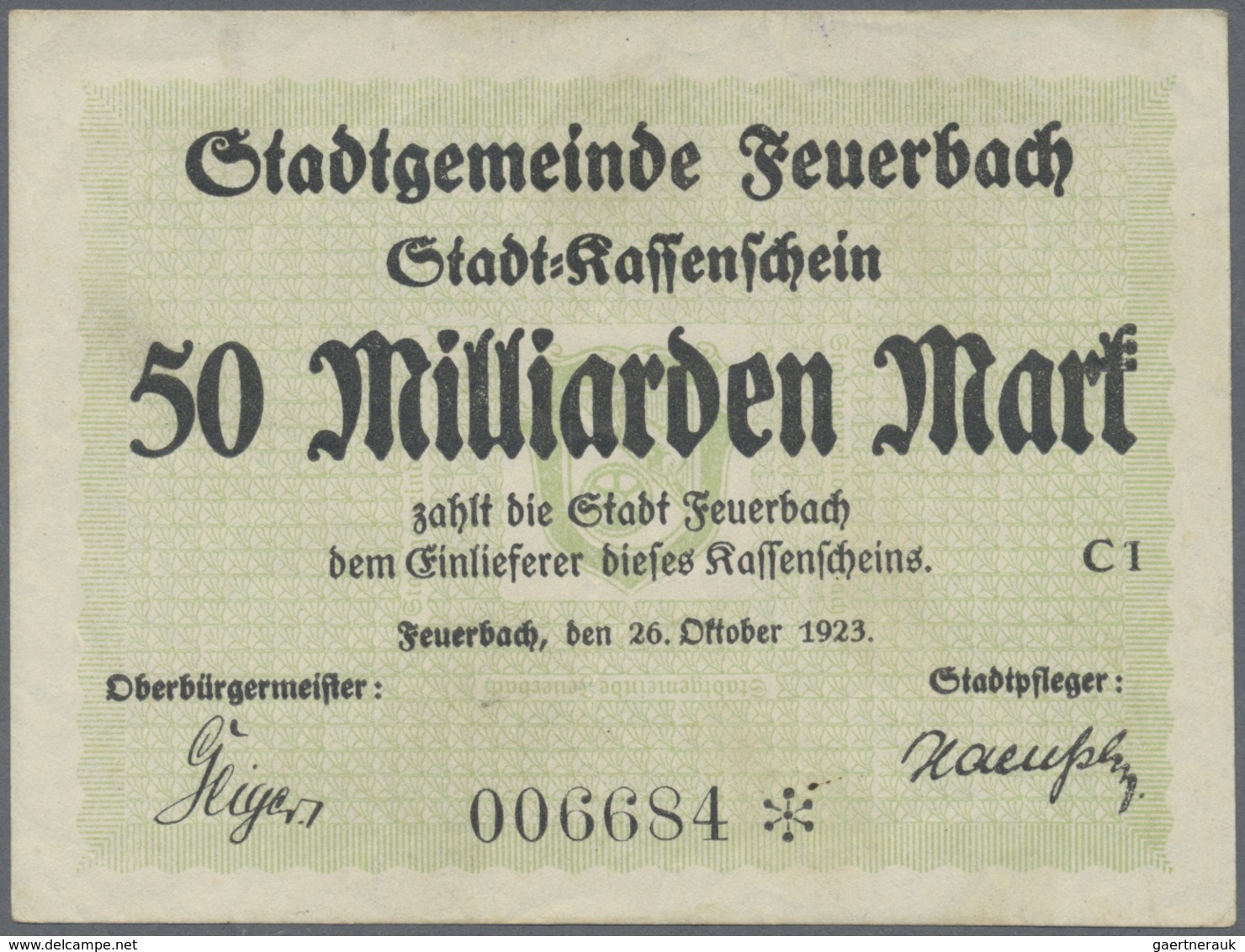 Deutschland - Notgeld - Württemberg: Feuerbach, Stadtgemeinde, 2, 5, 20, 50 Mrd. Mark, 26.10.1923, 5 - [11] Local Banknote Issues