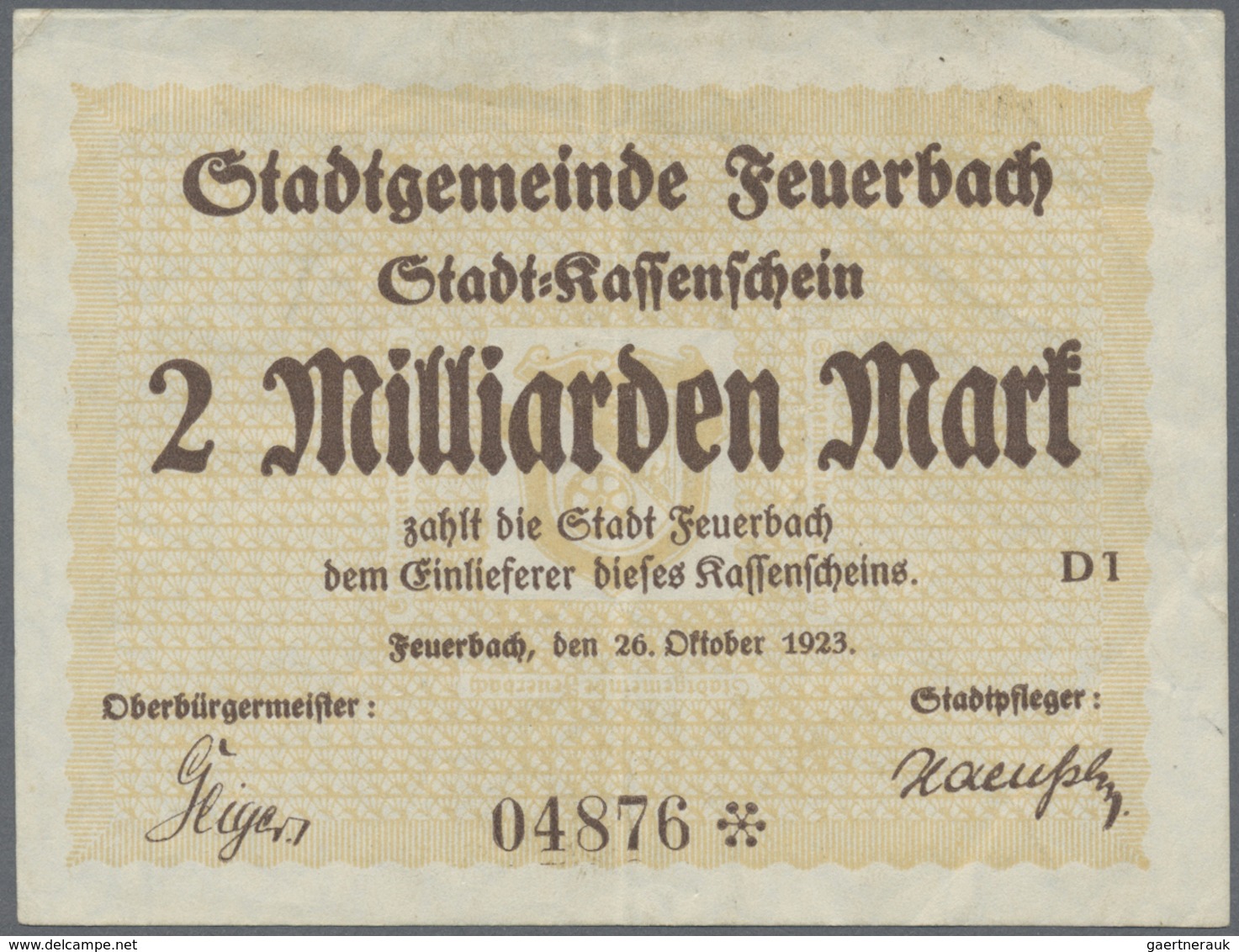 Deutschland - Notgeld - Württemberg: Feuerbach, Stadtgemeinde, 2, 5, 20, 50 Mrd. Mark, 26.10.1923, 5 - [11] Local Banknote Issues