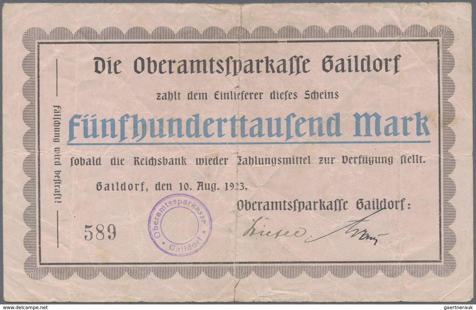 Deutschland - Notgeld - Württemberg: Gaildorf, Oberamtssparkasse, 100, 500 Tsd., 1 Mio. Mark, 10.8.1 - [11] Local Banknote Issues
