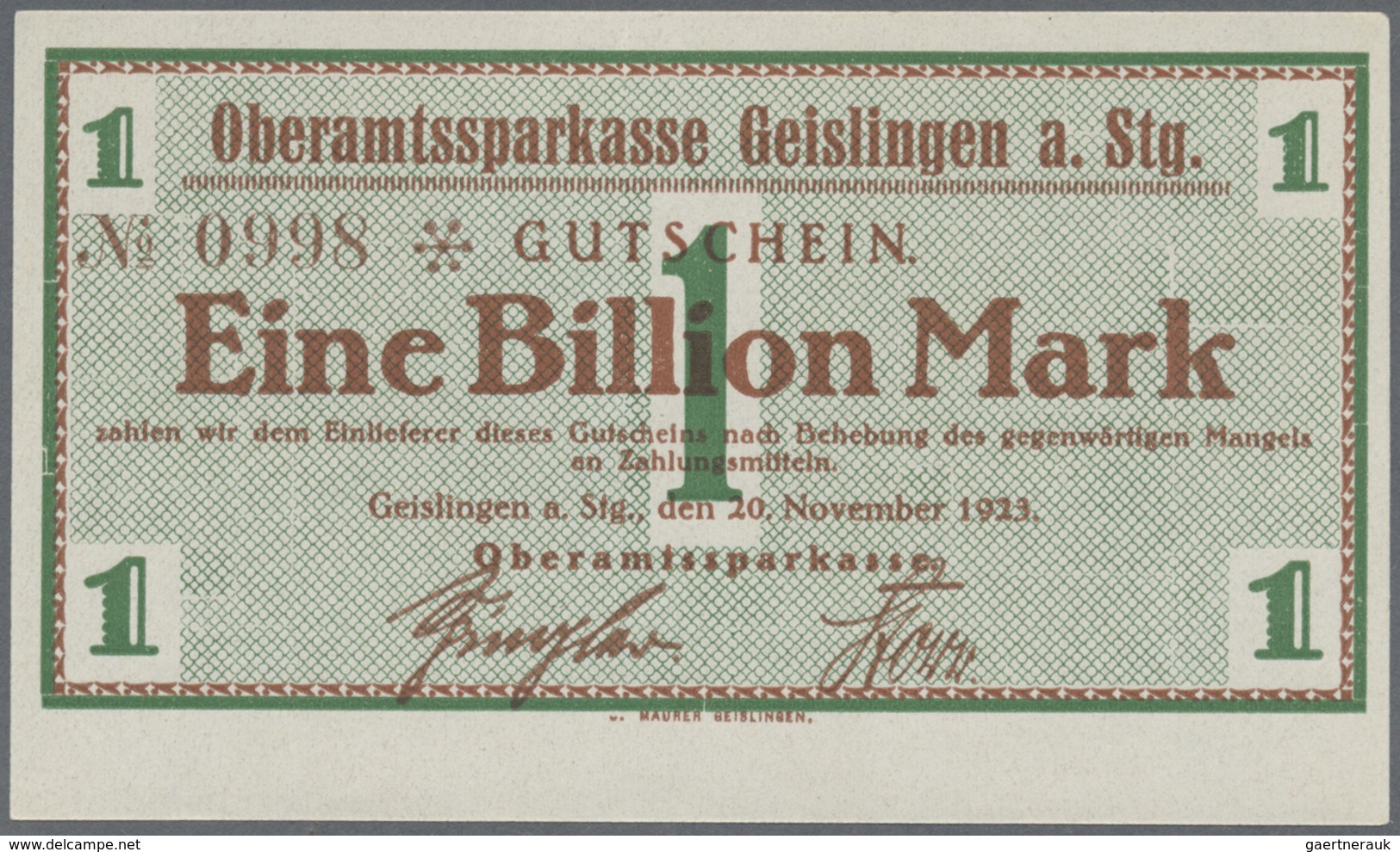 Deutschland - Notgeld - Württemberg: Geislingen, Amtskörperschaft, 5, 20, 50 Mark, November 1918, Er - [11] Emissions Locales
