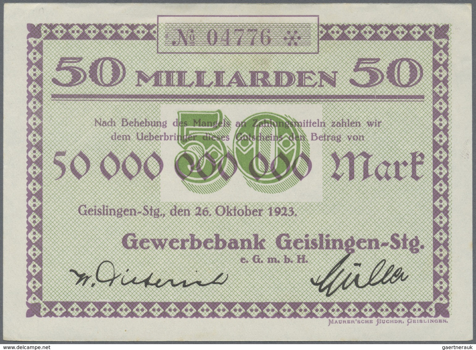 Deutschland - Notgeld - Württemberg: Geislingen, Amtskörperschaft, 5, 20, 50 Mark, November 1918, Er - [11] Emissions Locales