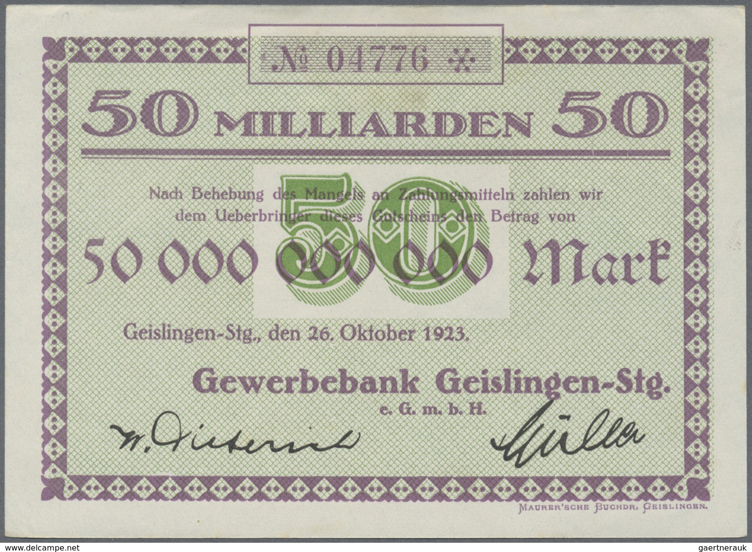 Deutschland - Notgeld - Württemberg: Geislingen, Amtskörperschaft, 5, 20, 50 Mark, November 1918, Er - [11] Local Banknote Issues