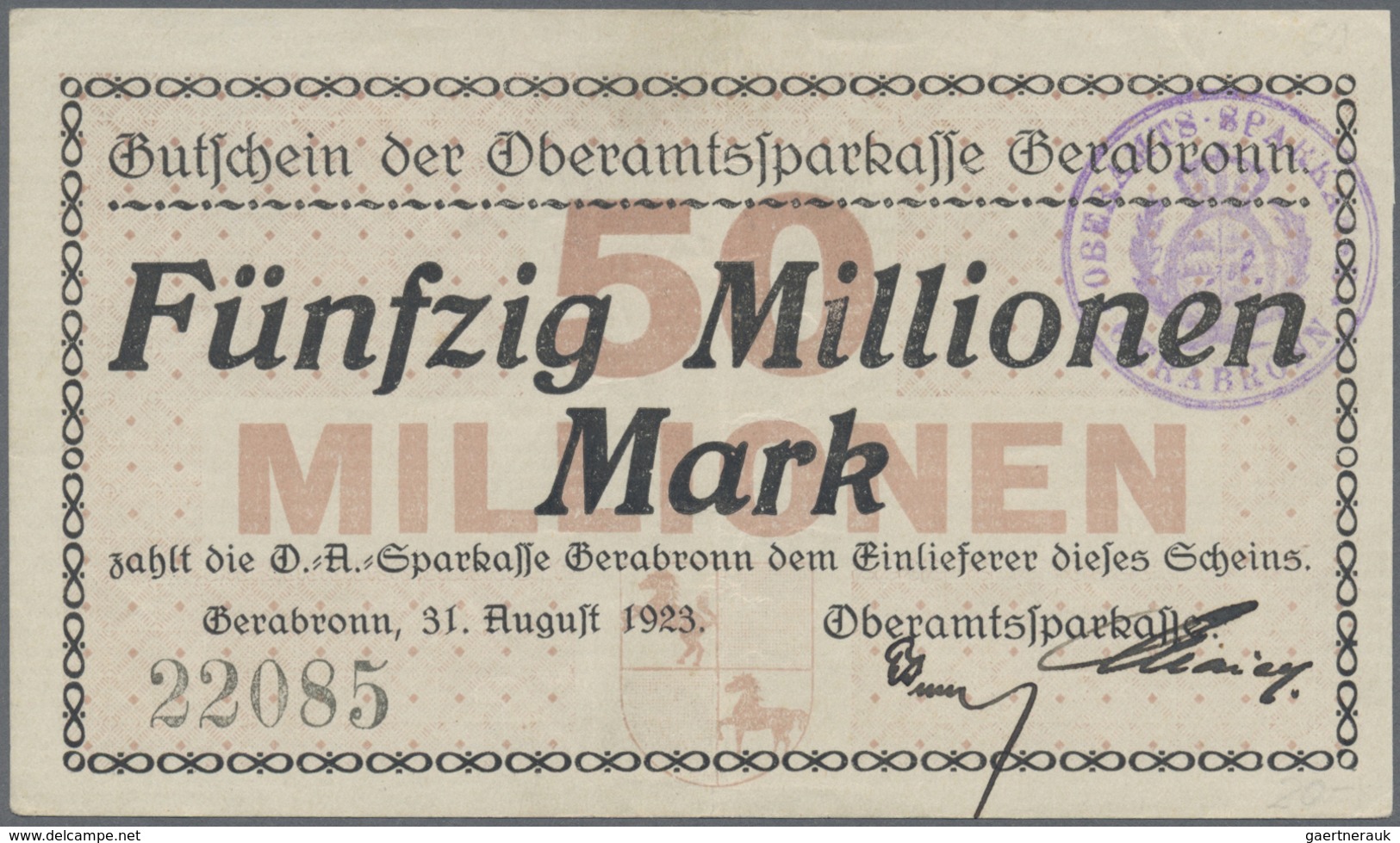 Deutschland - Notgeld - Württemberg: Gerabronn, Oberamtssparkasse, 3 X 5, 20, 2 X 50 Mio. Mark, 31.8 - [11] Emissioni Locali