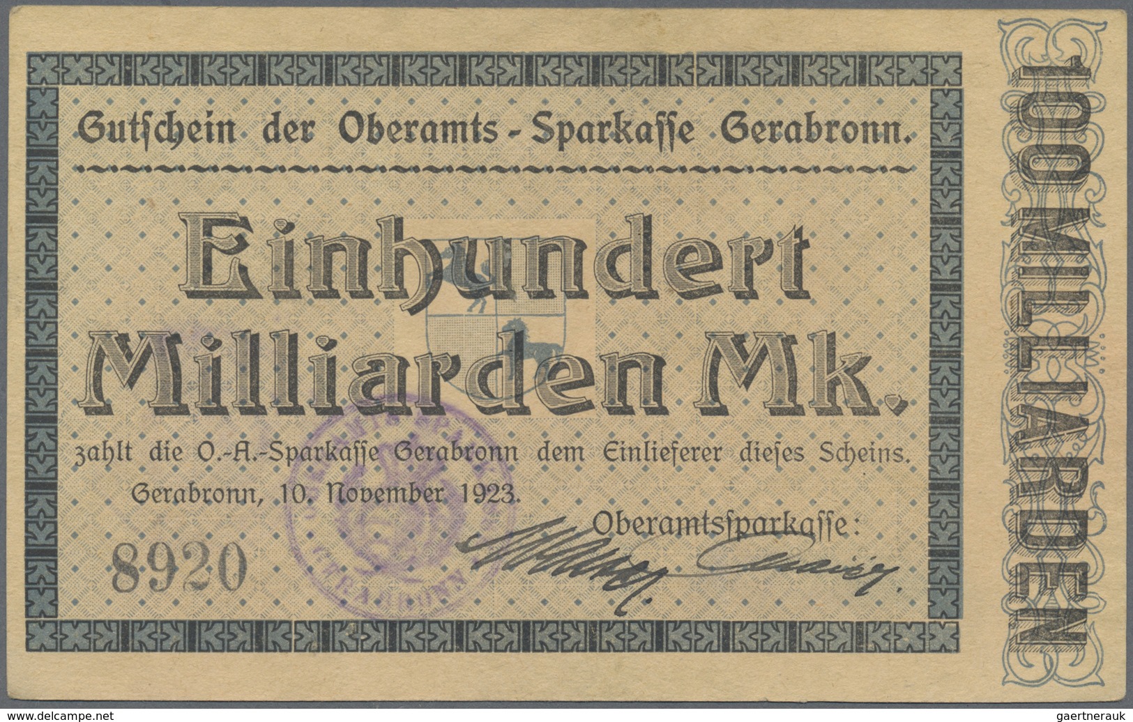 Deutschland - Notgeld - Württemberg: Gerabronn, Oberamtssparkasse, 3 X 5, 20, 2 X 50 Mio. Mark, 31.8 - [11] Local Banknote Issues