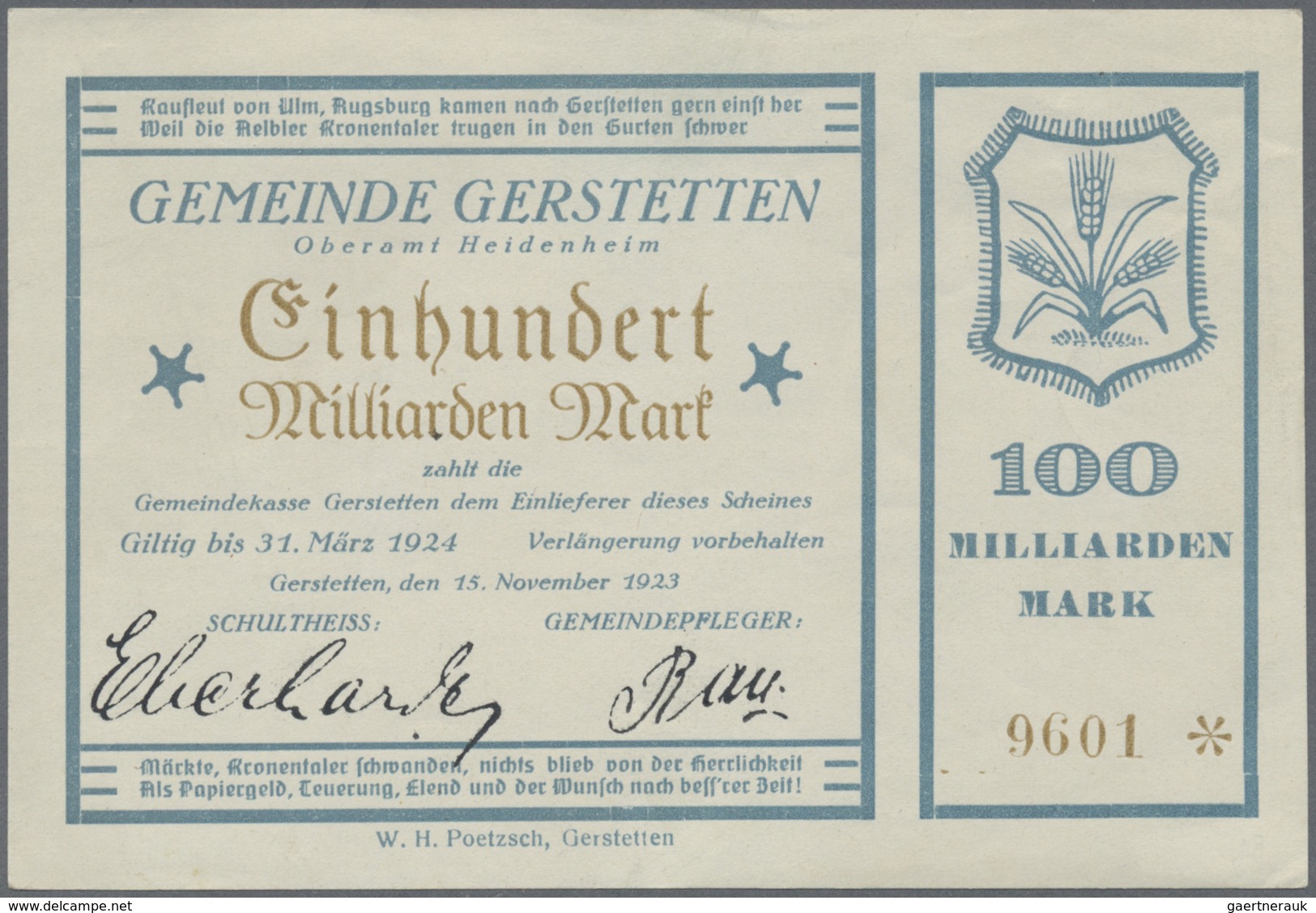 Deutschland - Notgeld - Württemberg: Gerstetten, Gemeinde, 100, 2 X 500 Mrd. (Nullen Unterschiedlich - [11] Emissioni Locali