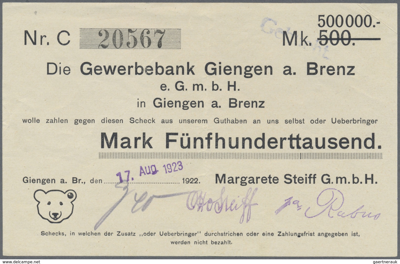 Deutschland - Notgeld - Württemberg: Giengen, Margarete Steiff GmbH, 500 Tsd. Mark, 17.8.1923, 1 Mio - [11] Emissions Locales