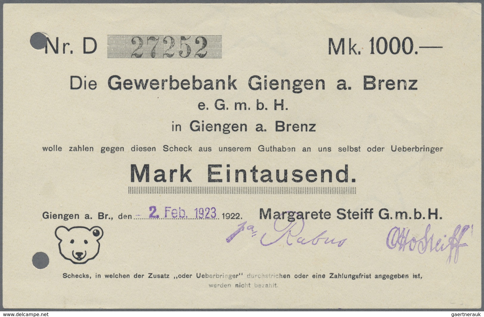 Deutschland - Notgeld - Württemberg: Giengen, Margarete Steiff GmbH, 500 Tsd. Mark, 17.8.1923, 1 Mio - [11] Emissioni Locali