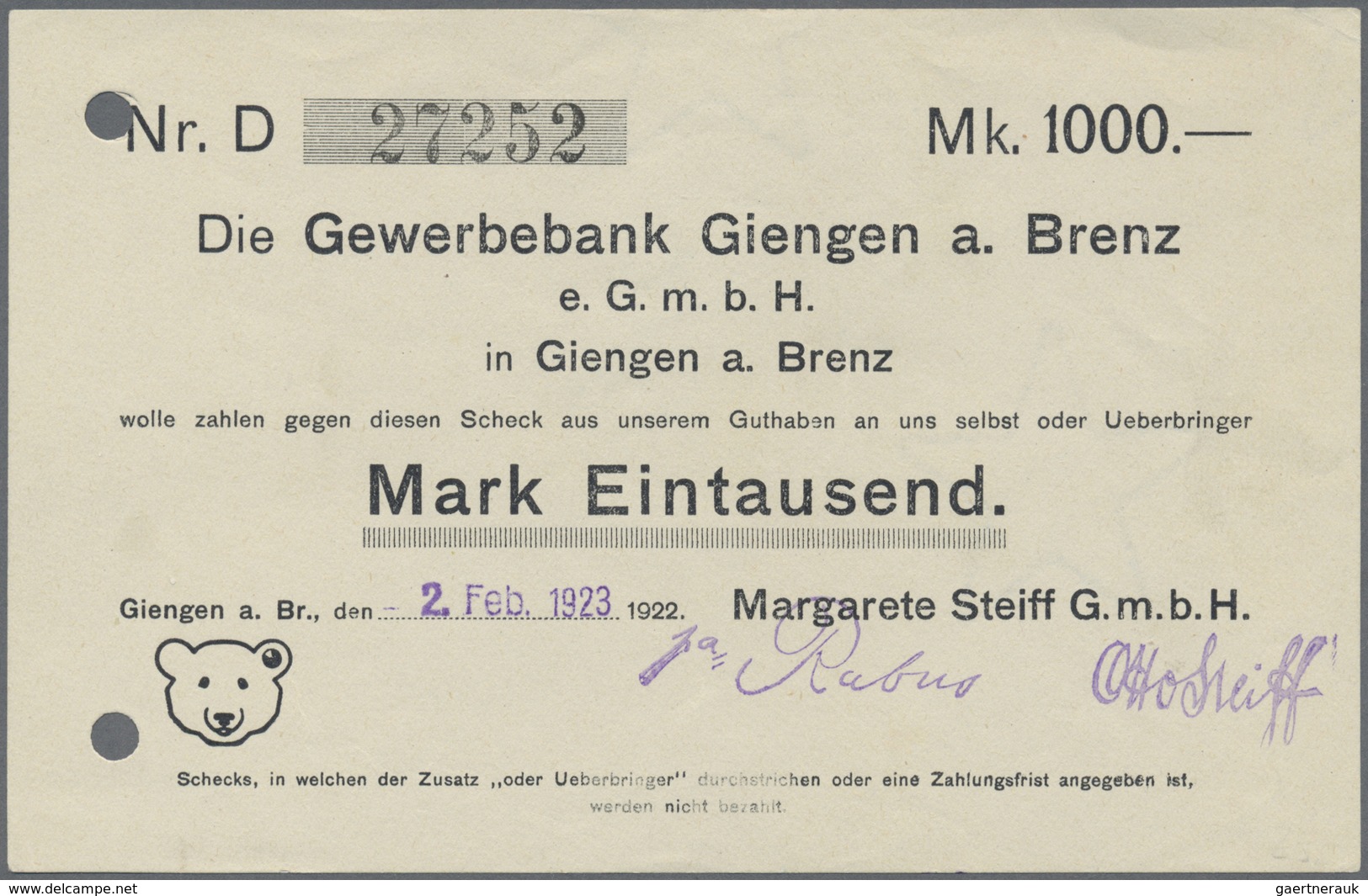 Deutschland - Notgeld - Württemberg: Giengen, Margarete Steiff GmbH, 500 Tsd. Mark, 17.8.1923, 1 Mio - [11] Local Banknote Issues