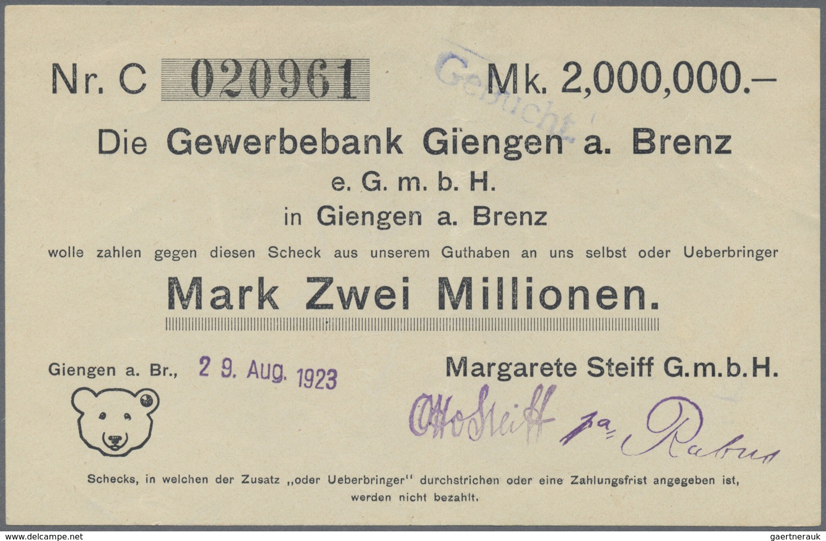 Deutschland - Notgeld - Württemberg: Giengen, Margarethe Steiff GmbH, 2 Mio. Mark, 24.8.1923, 29.8.1 - [11] Emissioni Locali