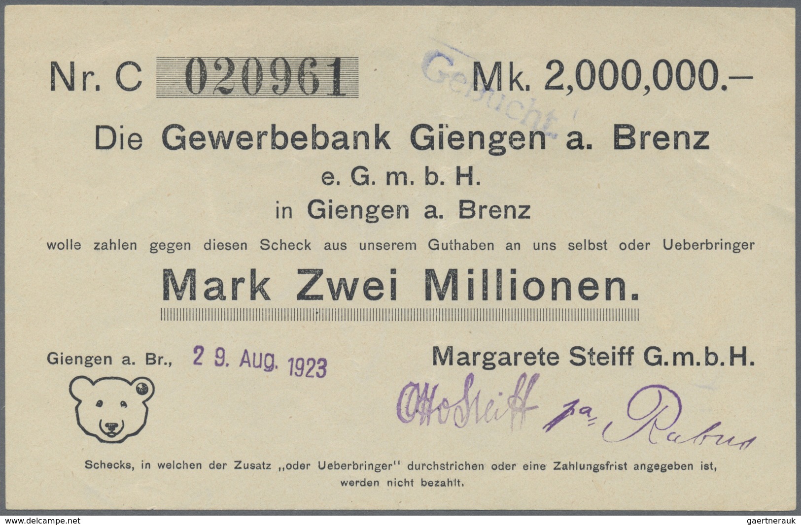 Deutschland - Notgeld - Württemberg: Giengen, Margarethe Steiff GmbH, 2 Mio. Mark, 24.8.1923, 29.8.1 - [11] Local Banknote Issues