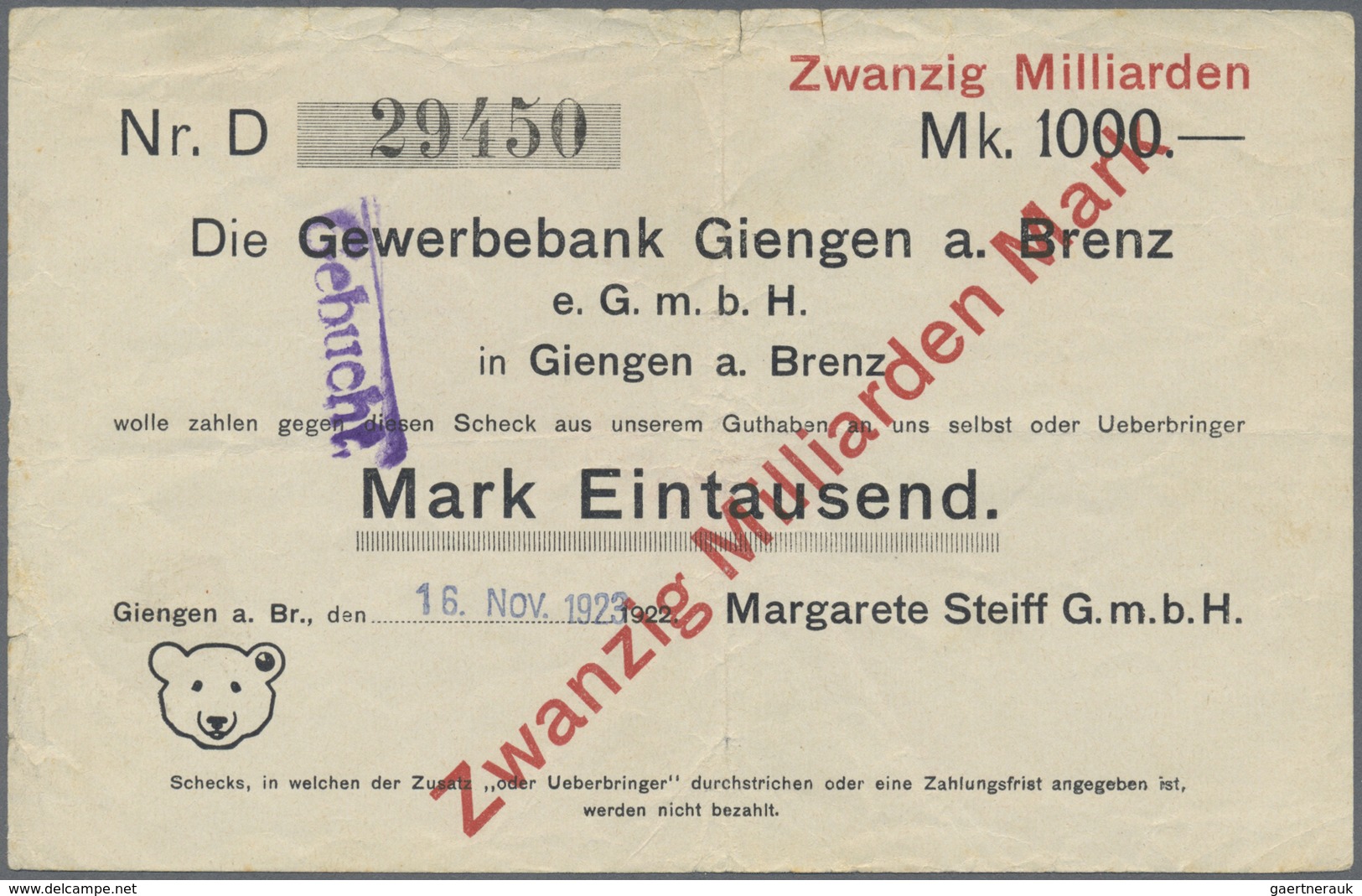 Deutschland - Notgeld - Württemberg: Giengen, Margarethe Steiff GmbH, 2 Mio. Mark, 1.9.1923, 20 Mrd. - [11] Local Banknote Issues