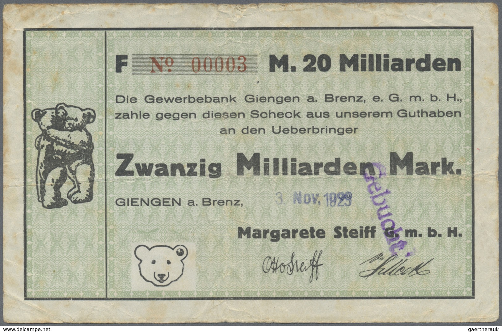 Deutschland - Notgeld - Württemberg: Giengen, Margarethe Steiff GmbH, 20 Mrd. Mark, 3.11.1923, 100 M - [11] Emissions Locales